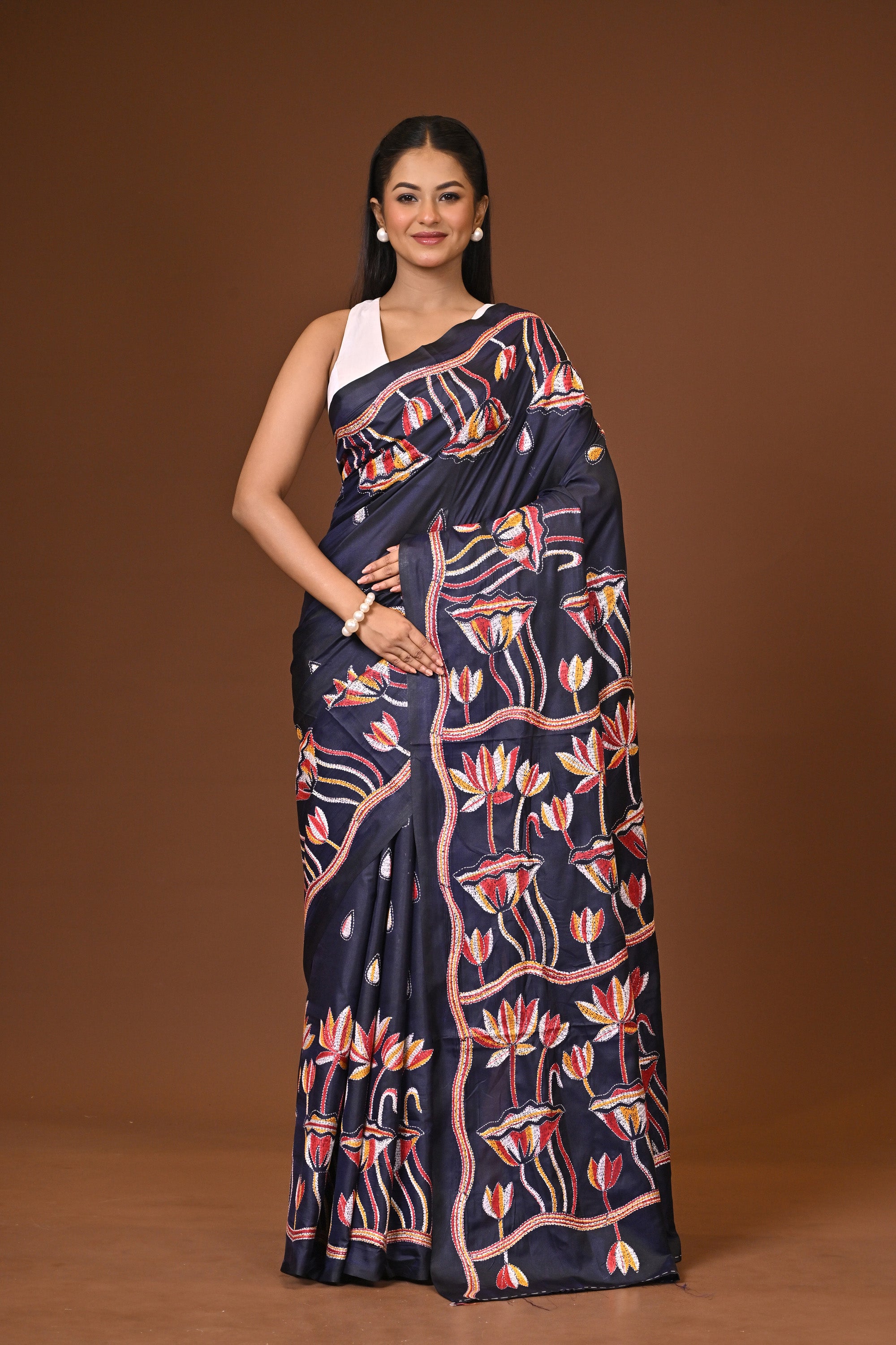 Blended Silk Kantha Stitch Saree Dark Blue