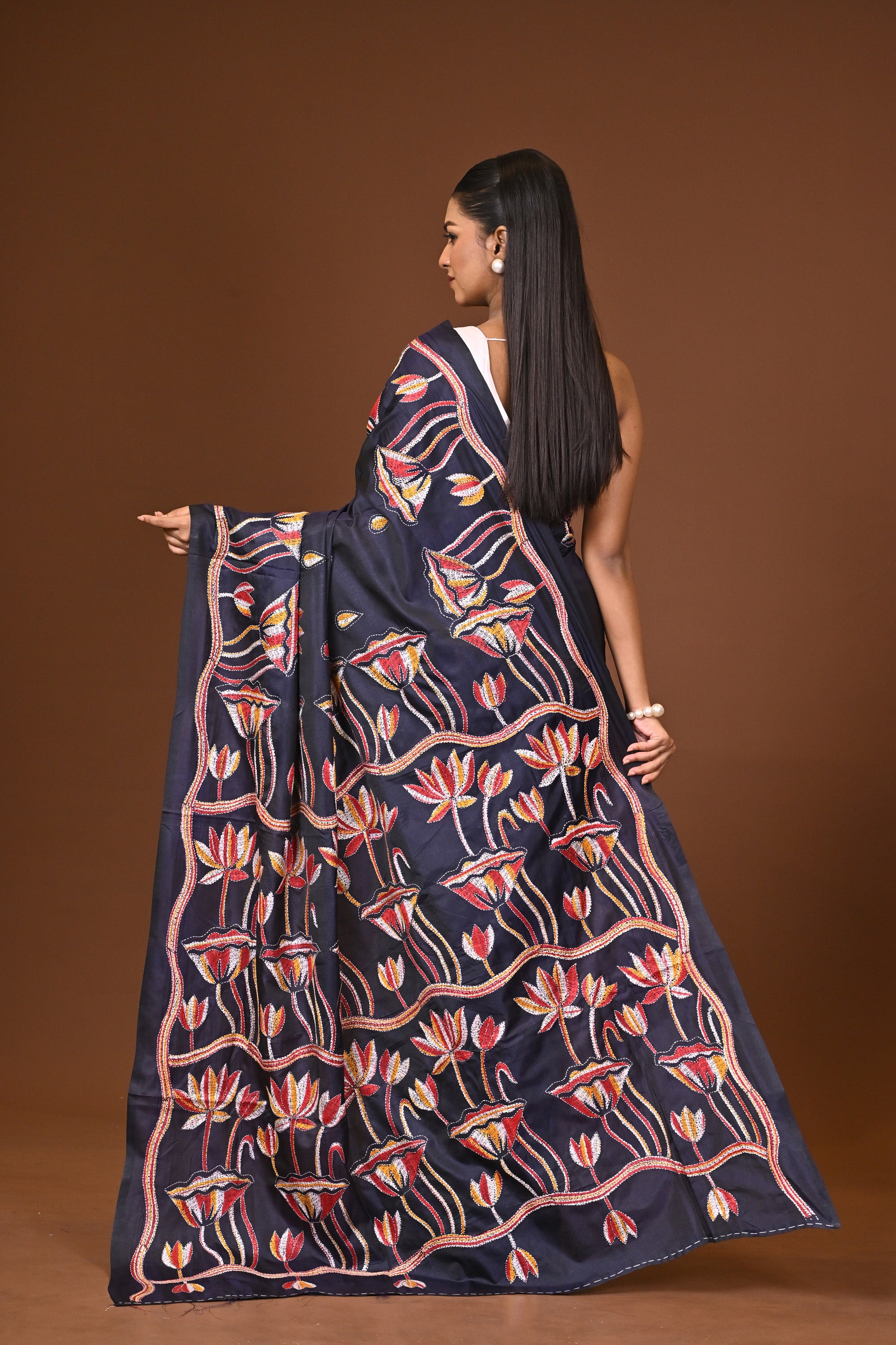 Blended Silk Kantha Stitch Saree Sea Blue Thumbnail