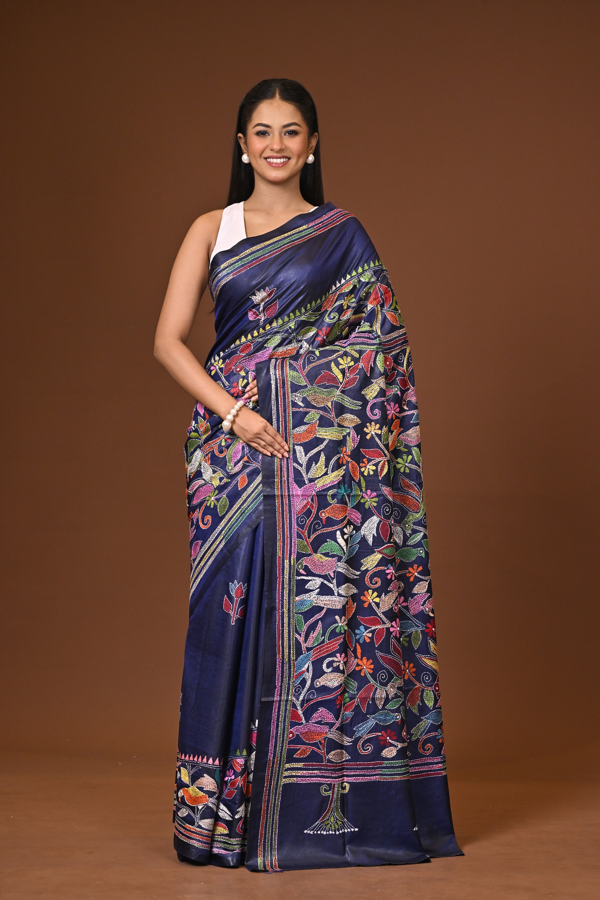 Blended Silk Kantha Stitch Saree Dark Blue