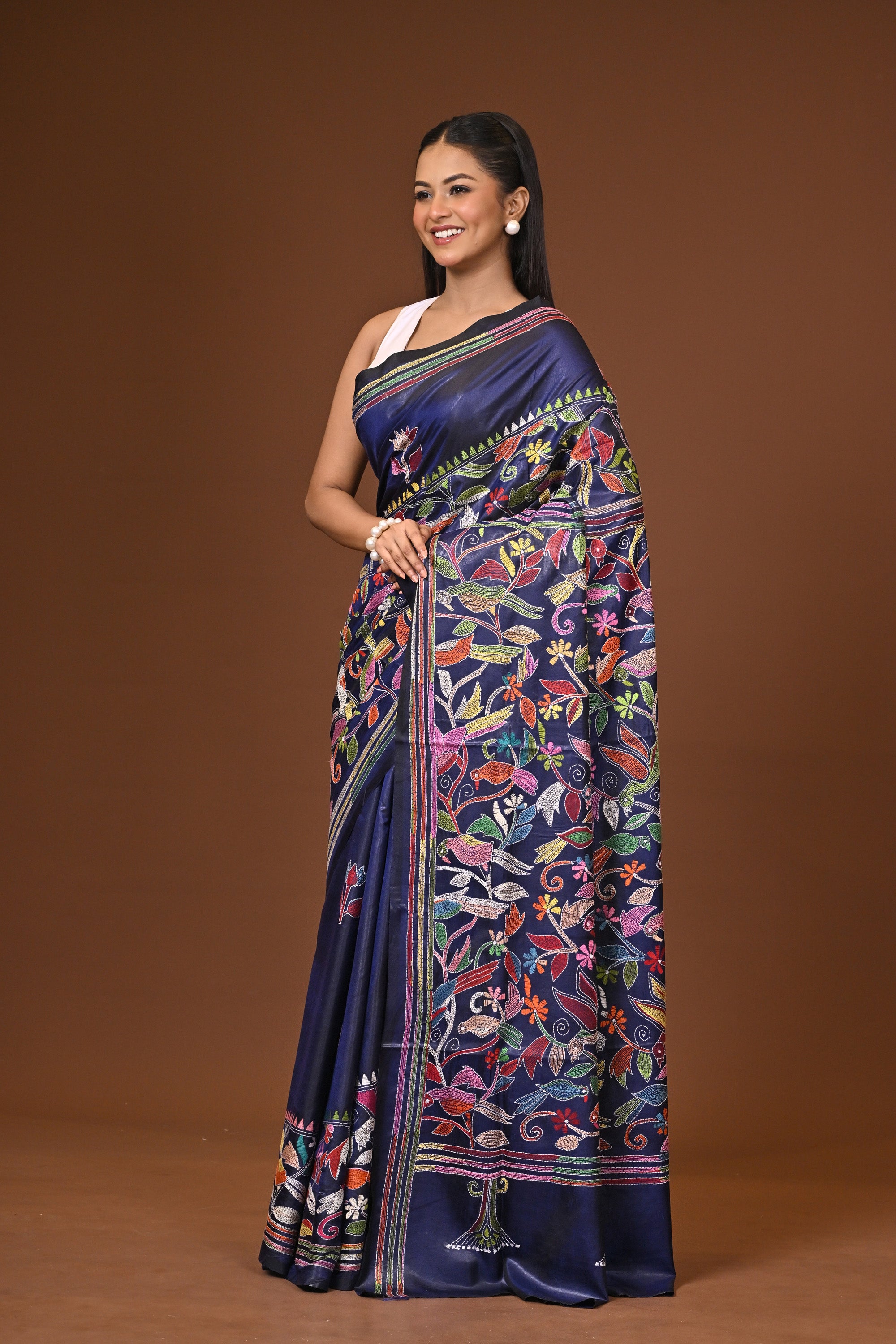 Blended Silk Kantha Stitch Saree Dark Blue Thumbnail