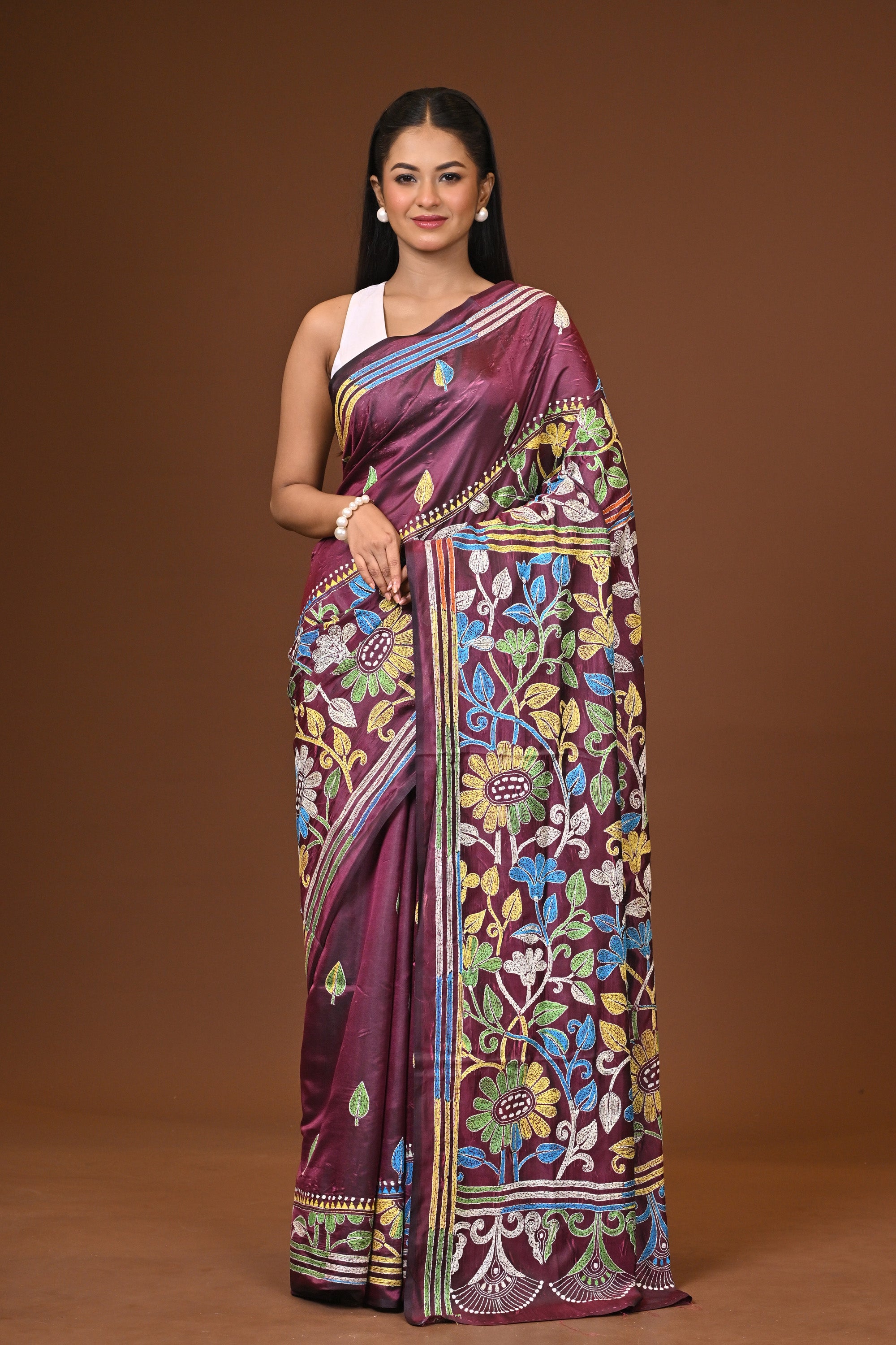 Blended Silk Kantha Stitch Saree Deep Wine Thumbnail