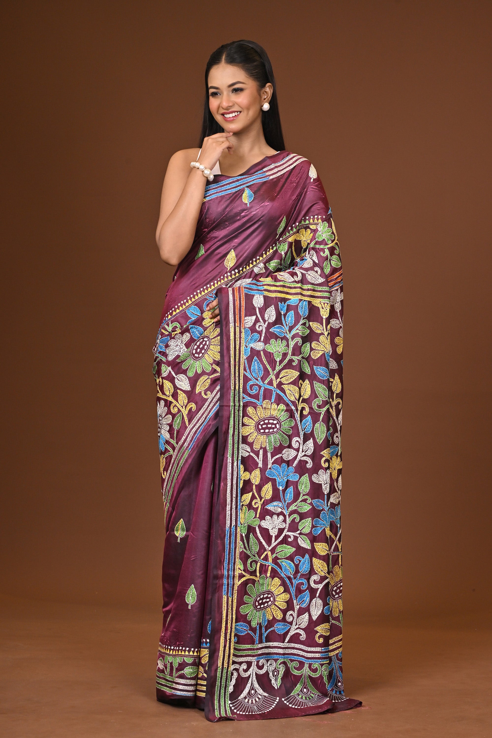 Blended Silk Kantha Stitch Saree Deep Wine Thumbnail