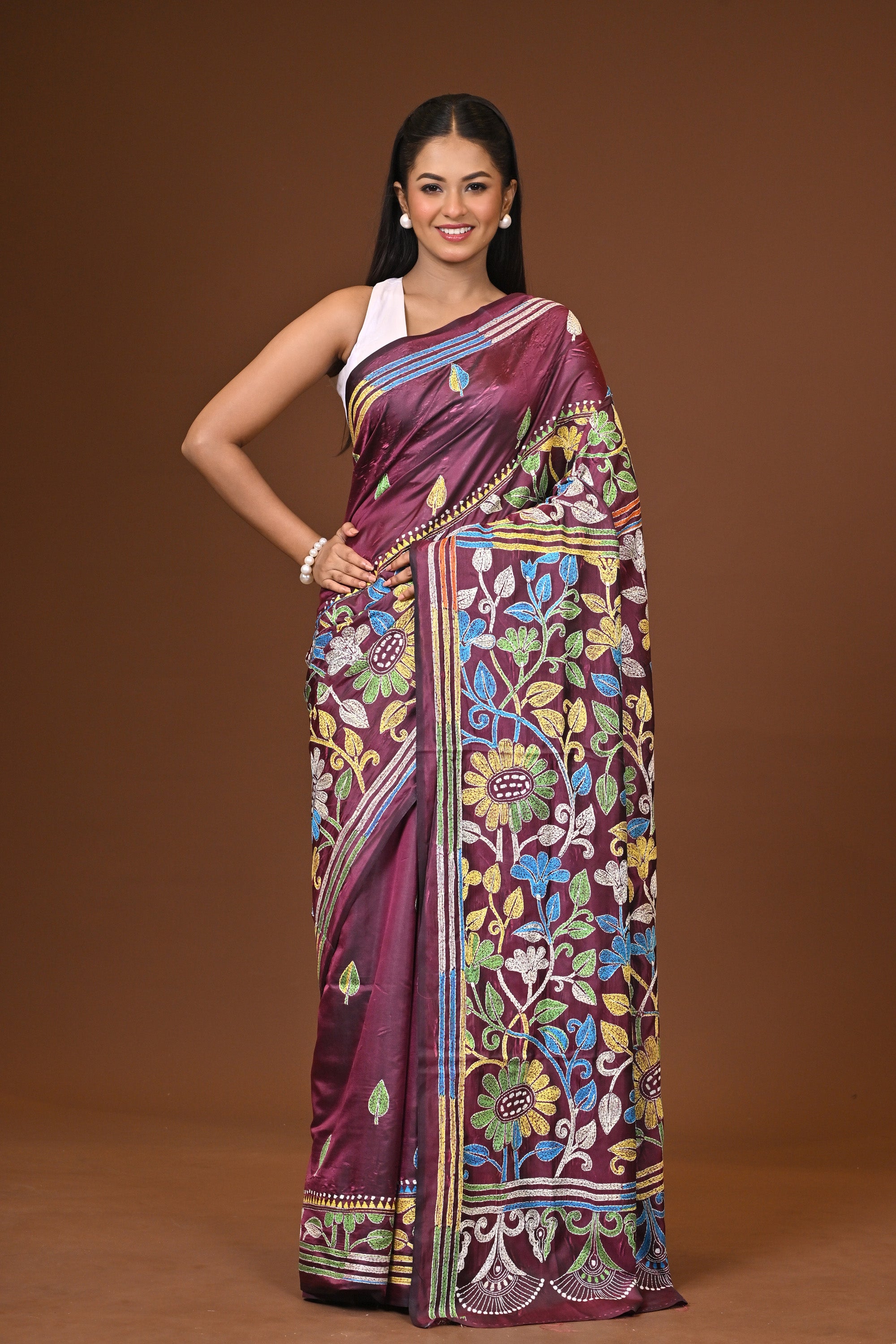 Blended Silk Kantha Stitch Saree Deep Wine Thumbnail
