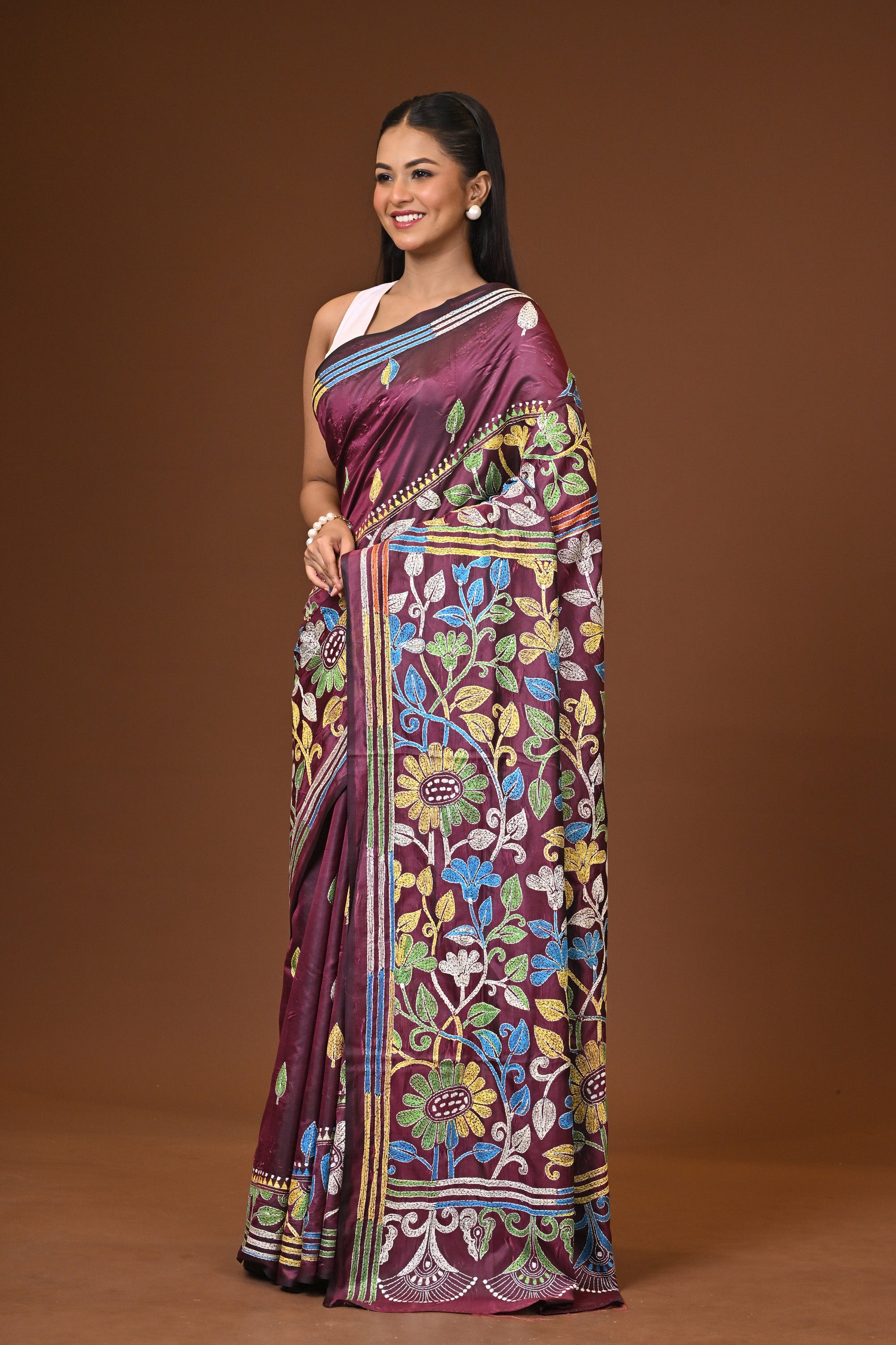 Blended Silk Kantha Stitch Saree Deep Wine Thumbnail