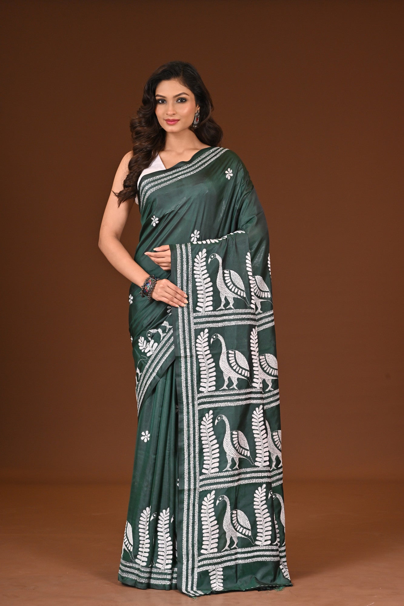 Blended Silk Kantha Stitch Saree Green
