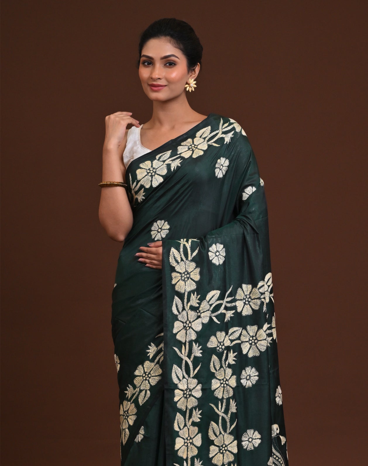 Blended Silk Kantha Stitch Saree Green