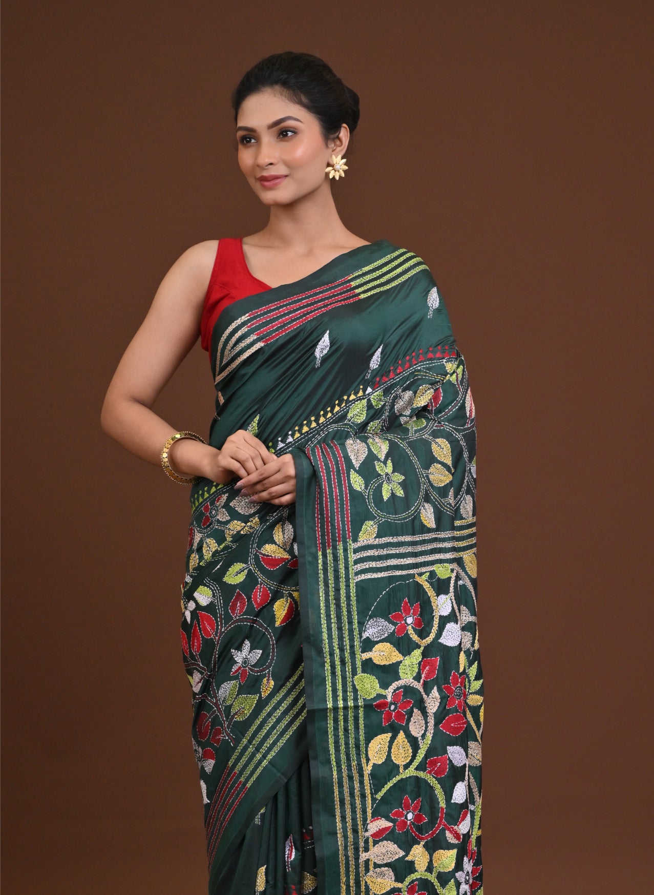 Blended Silk Kantha Stitch Saree Green