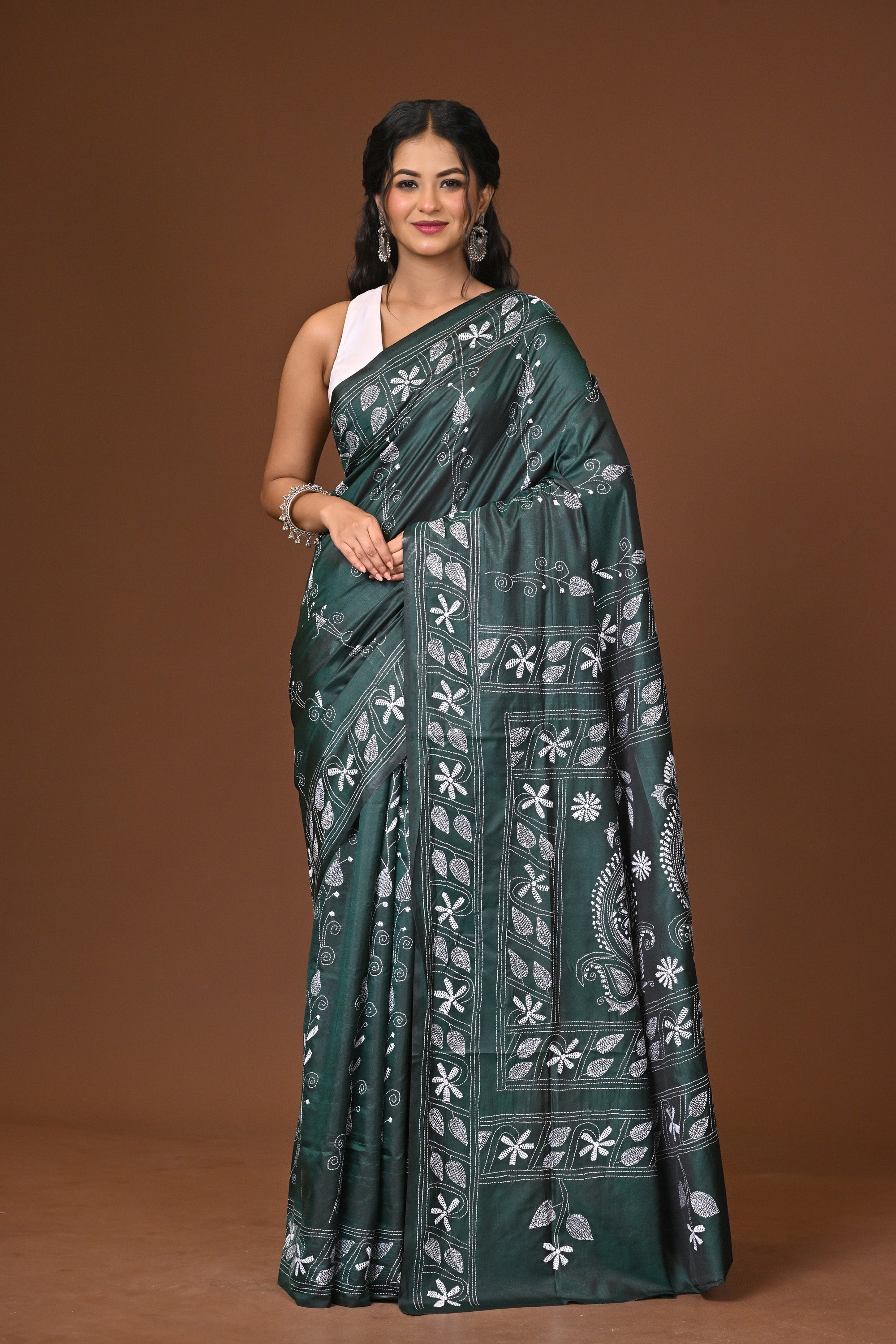 Blended Silk Kantha Stitch Saree Green