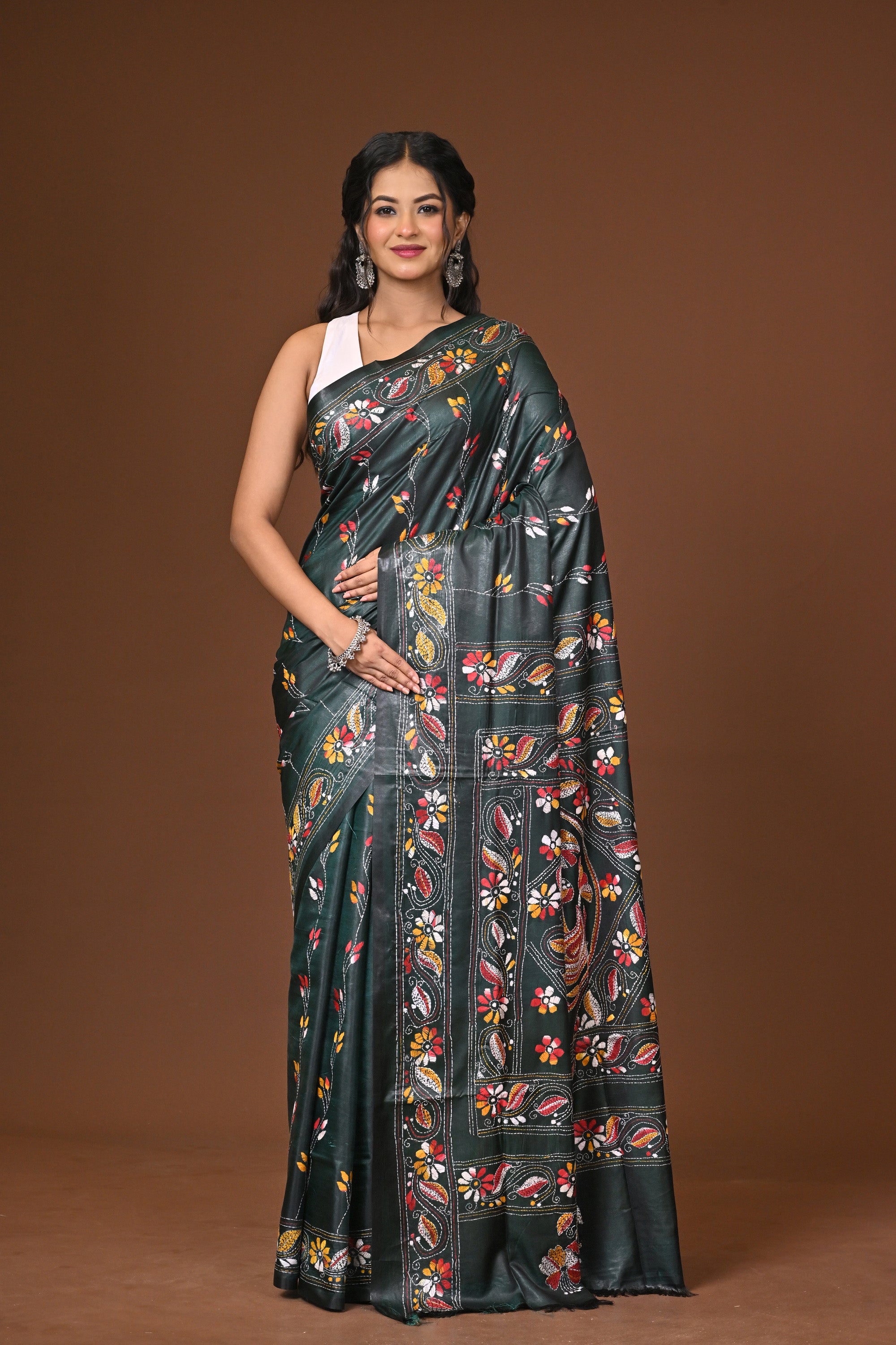 Blended Silk Kantha Stitch Saree Green