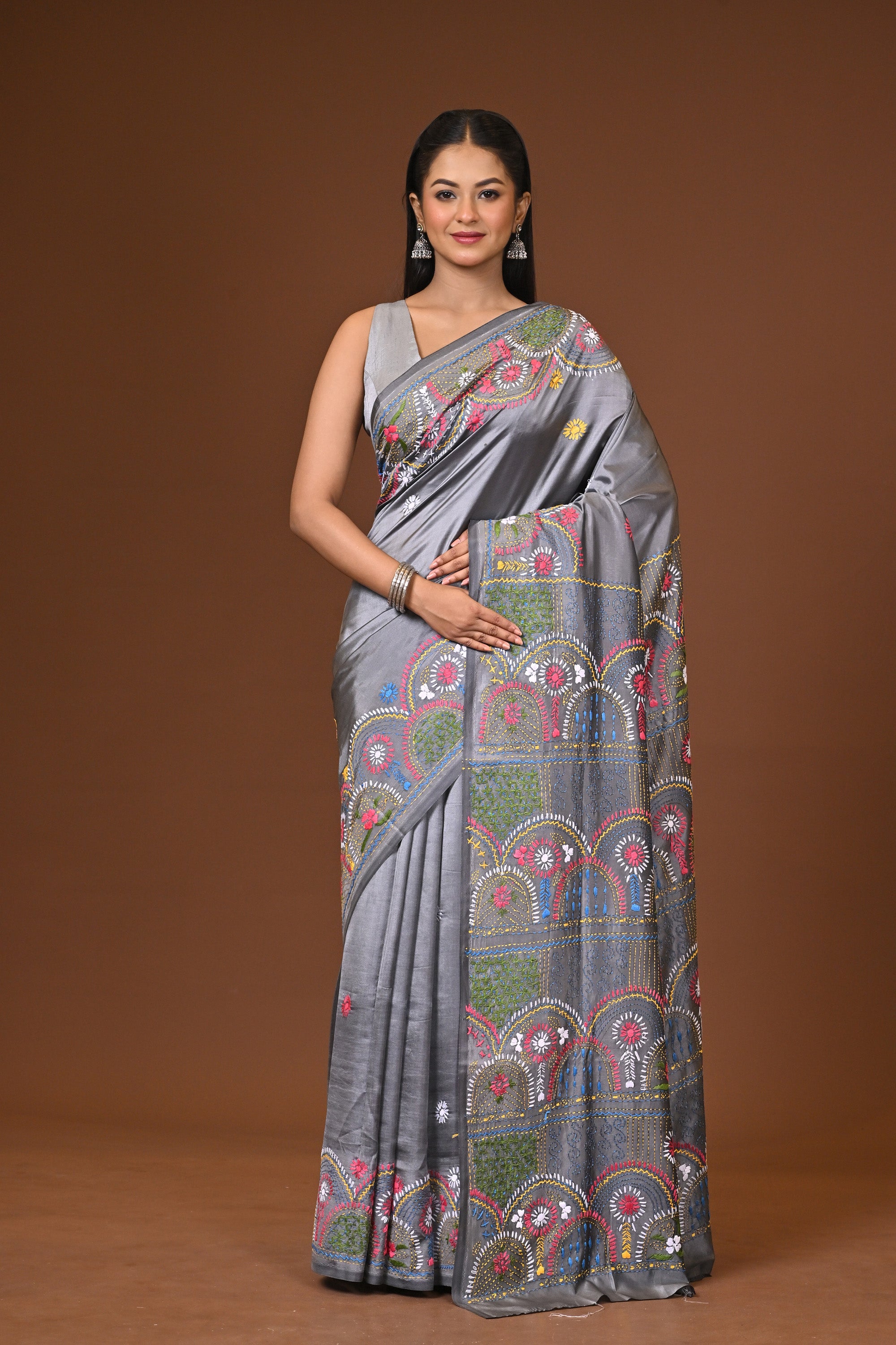 Blended Silk Kantha Stitch Saree Grey Thumbnail