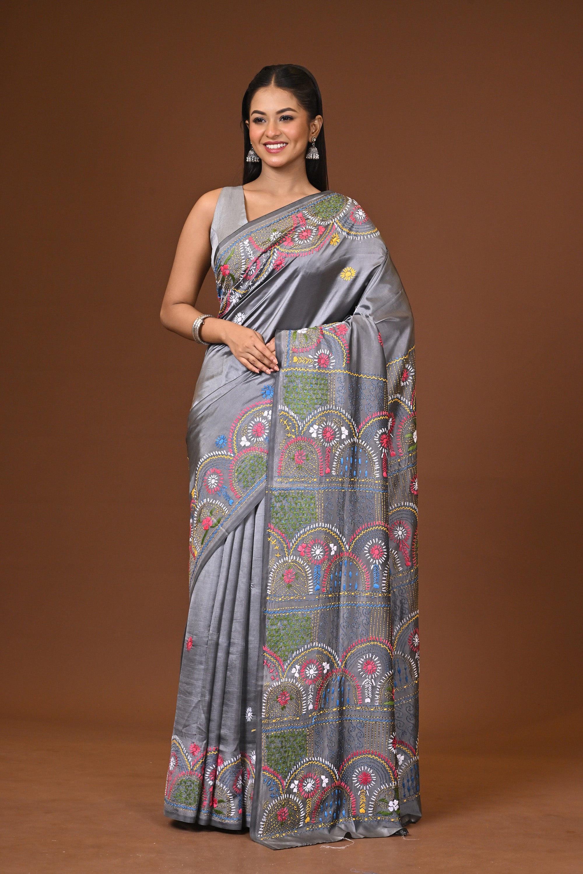 Blended Silk Kantha Stitch Saree Grey Thumbnail