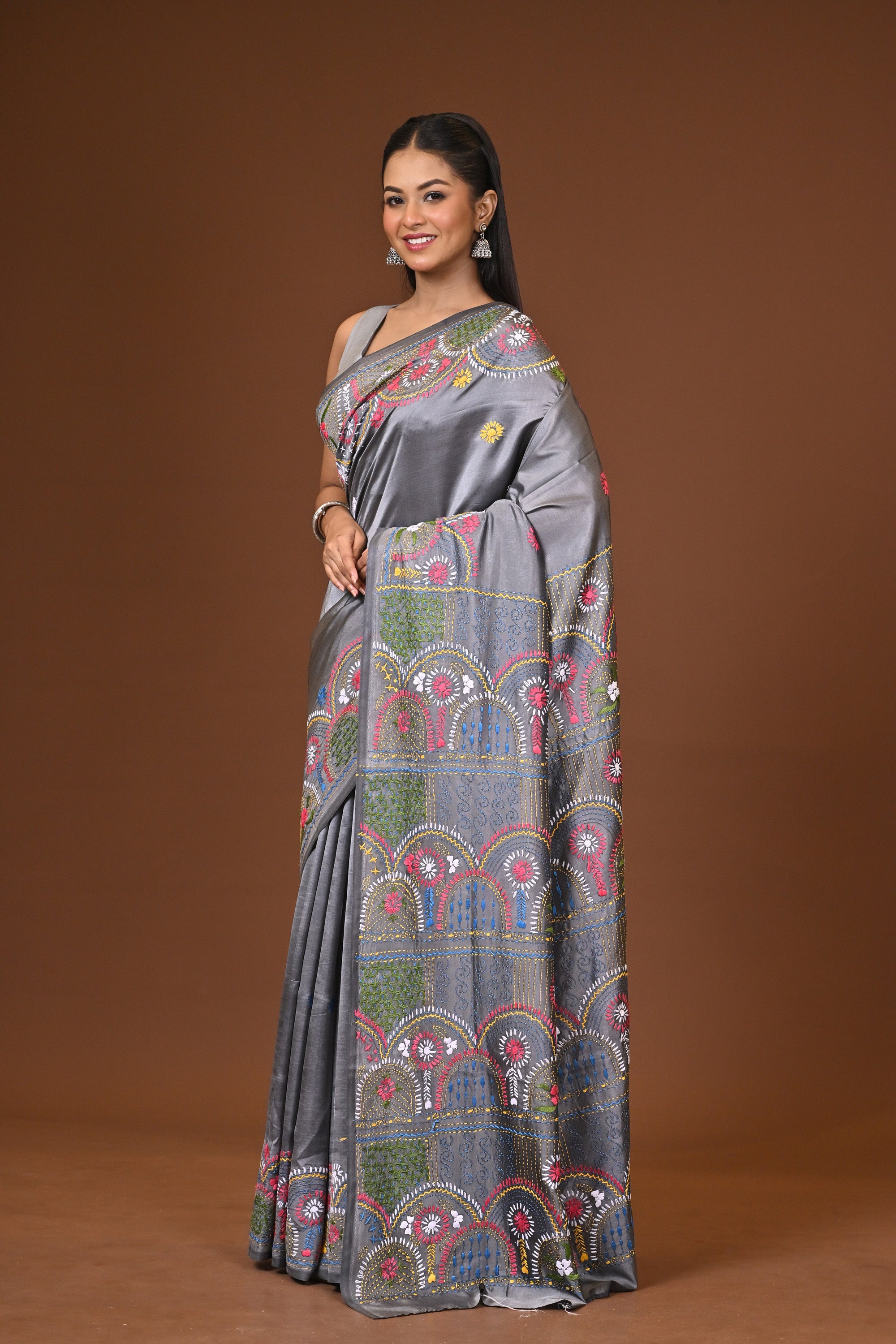 Blended Silk Kantha Stitch Saree Grey Thumbnail