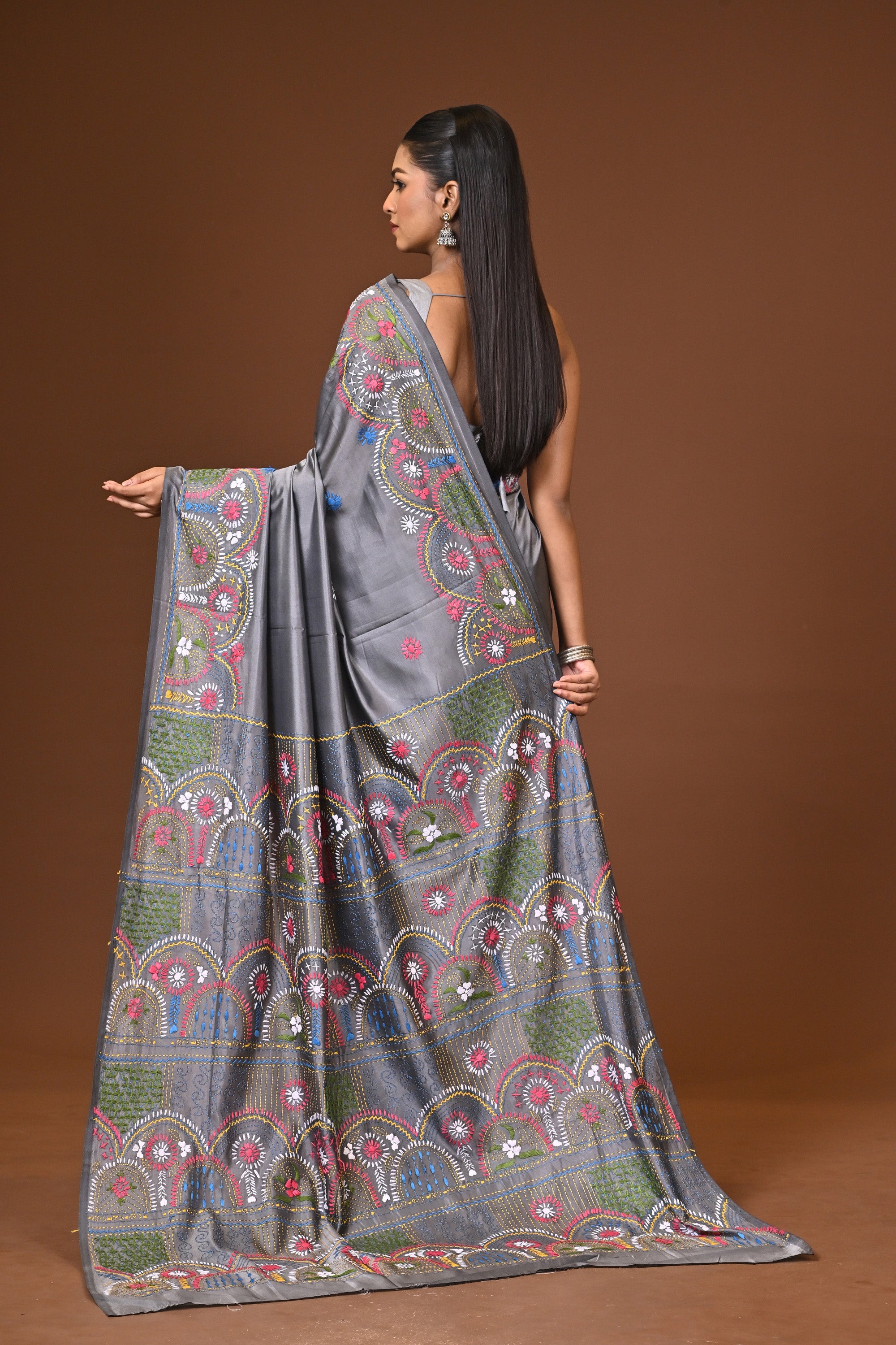 Blended Silk Kantha Stitch Saree Grey Thumbnail