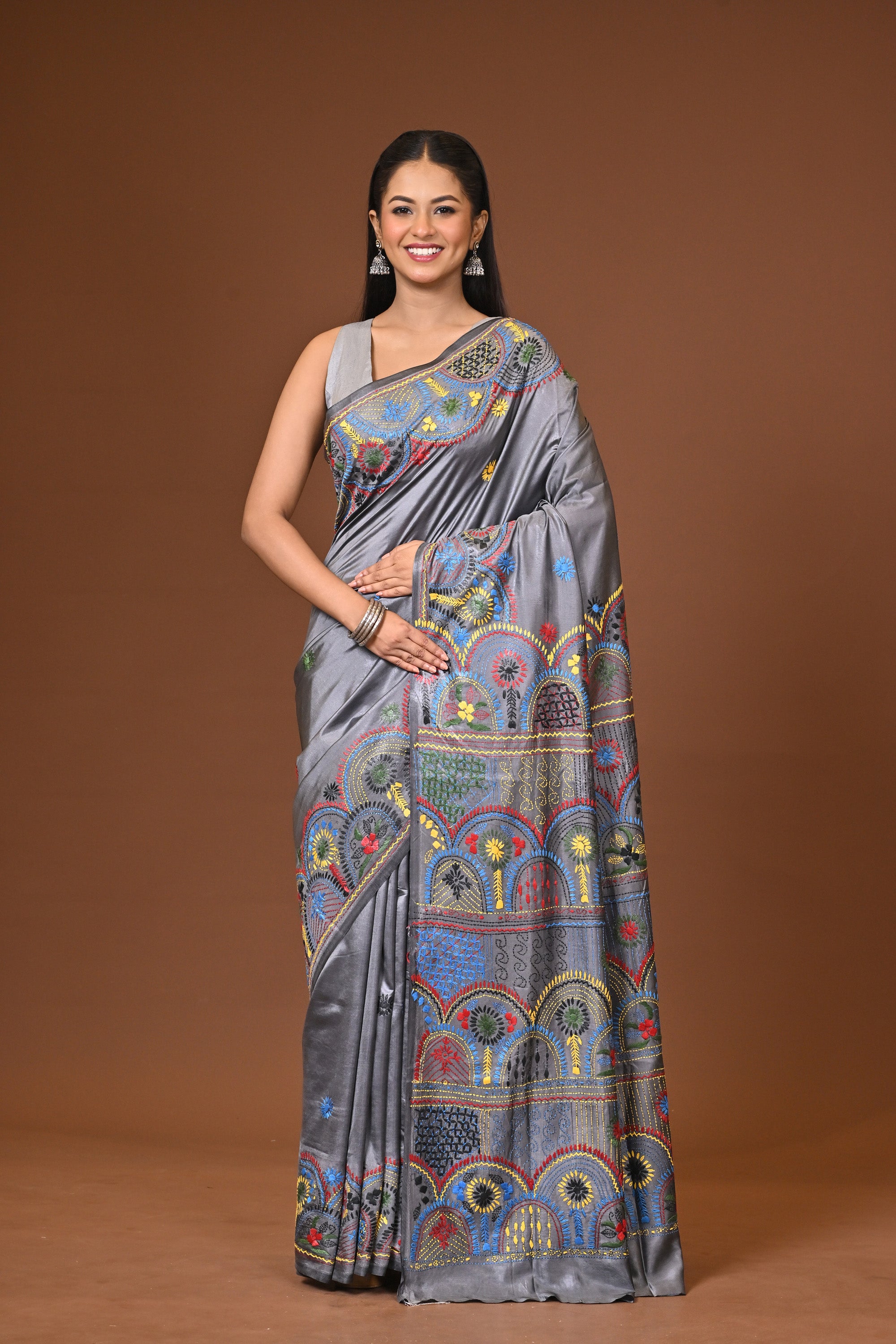 Blended Silk Kantha Stitch Saree Grey Thumbnail