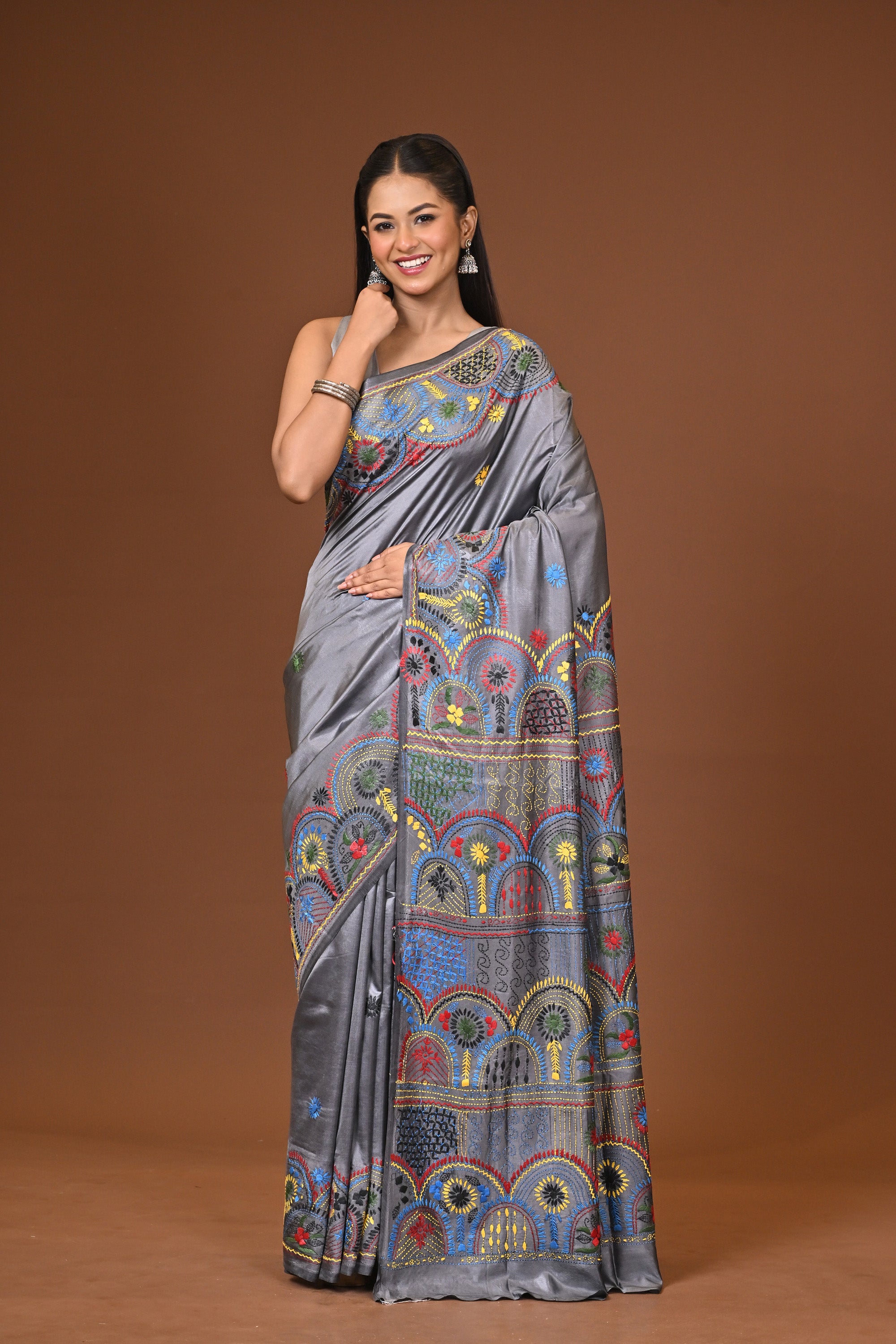 Blended Silk Kantha Stitch Saree Grey Thumbnail
