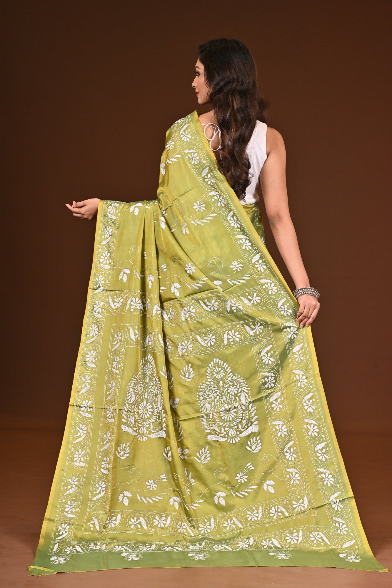Blended Silk Kantha Stitch Saree Light Green Thumbnail