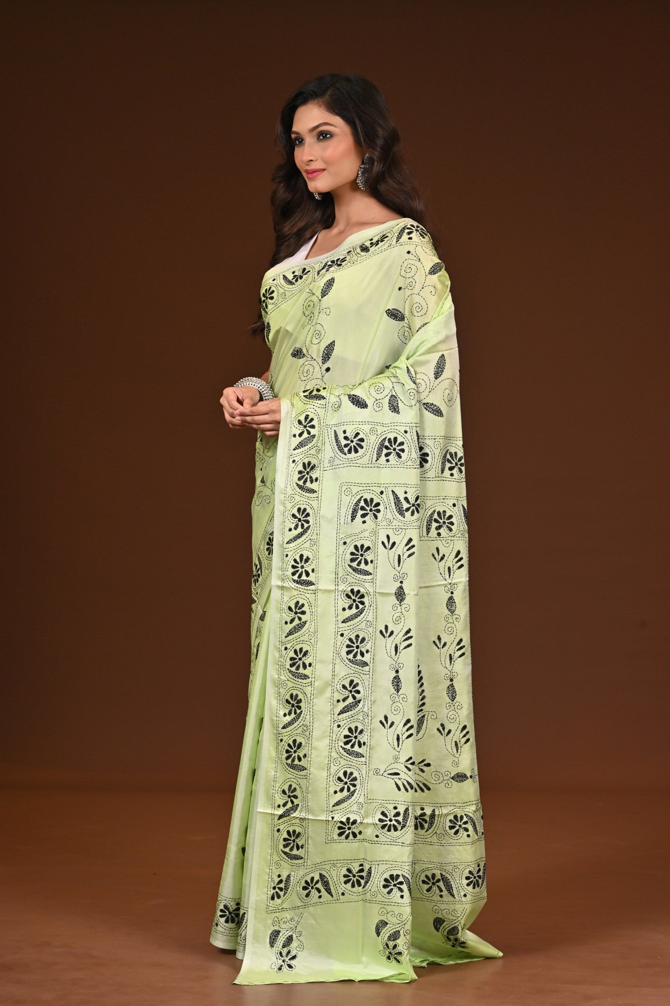 Blended Silk Kantha Stitch Saree Light Green Thumbnail