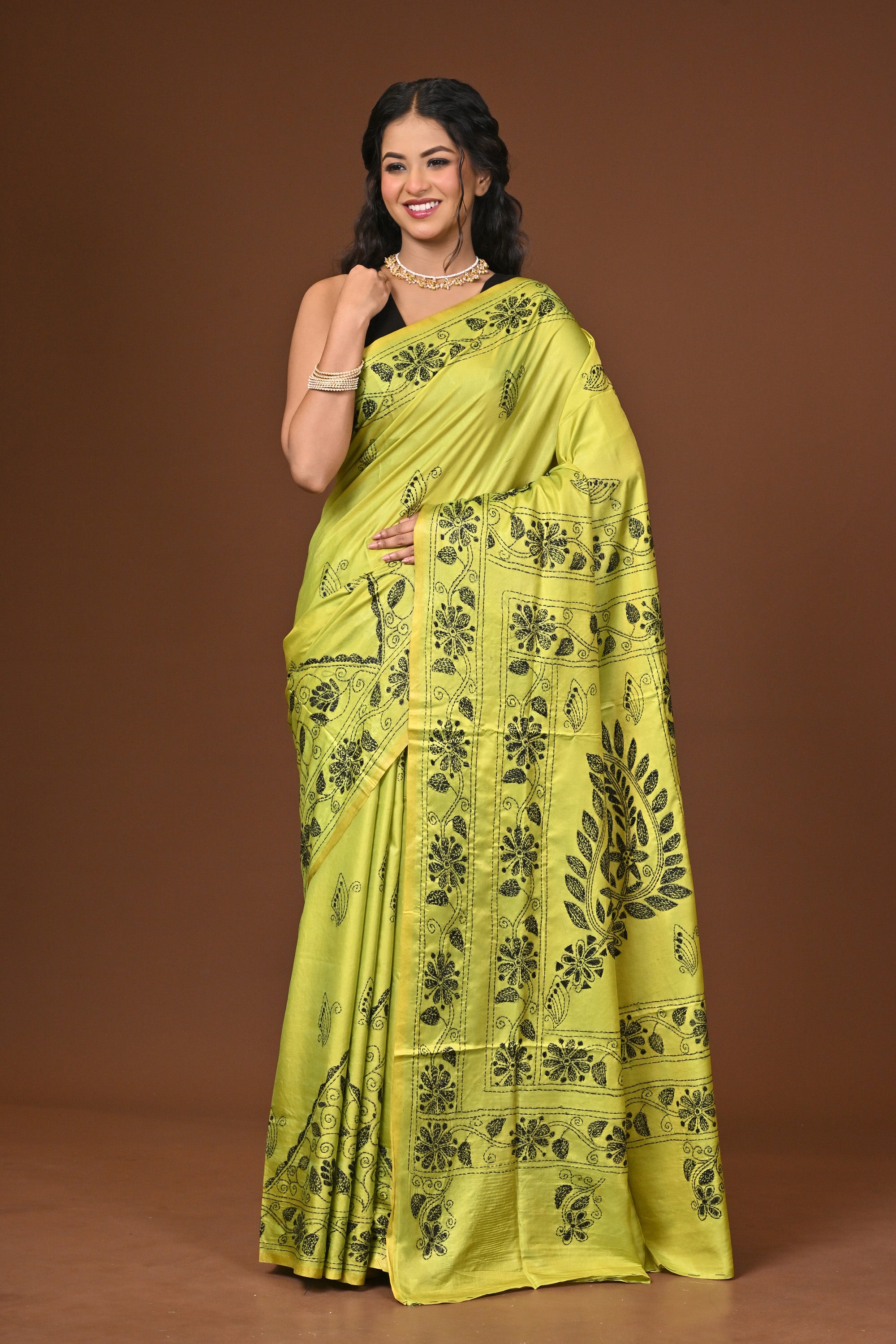 Blended Silk Kantha Stitch Saree Light Green Thumbnail