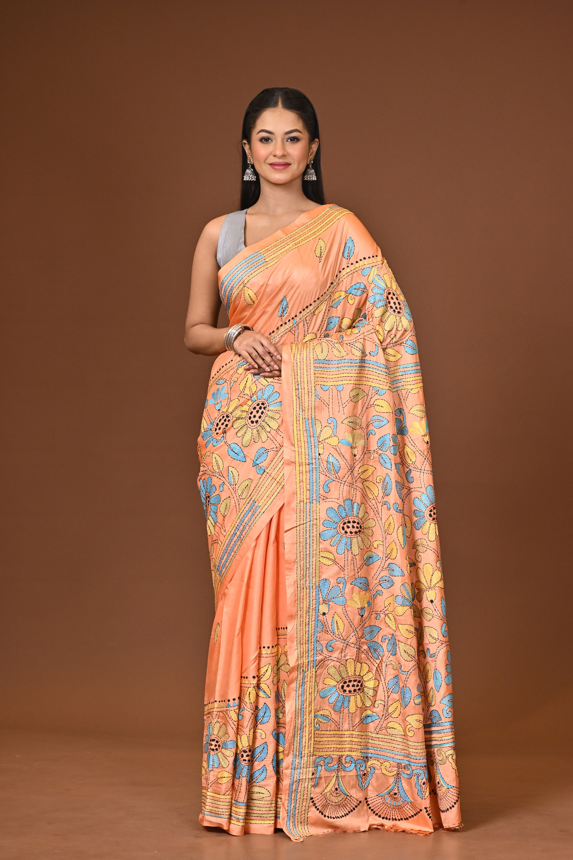 Blended Silk Kantha Stitch Saree Light Orange