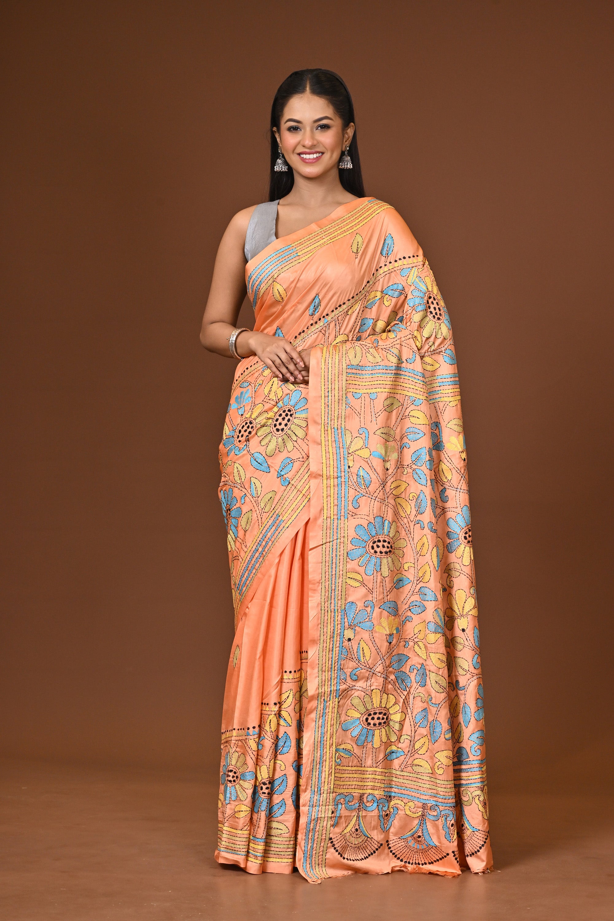Blended Silk Kantha Stitch Saree Light Orange Thumbnail