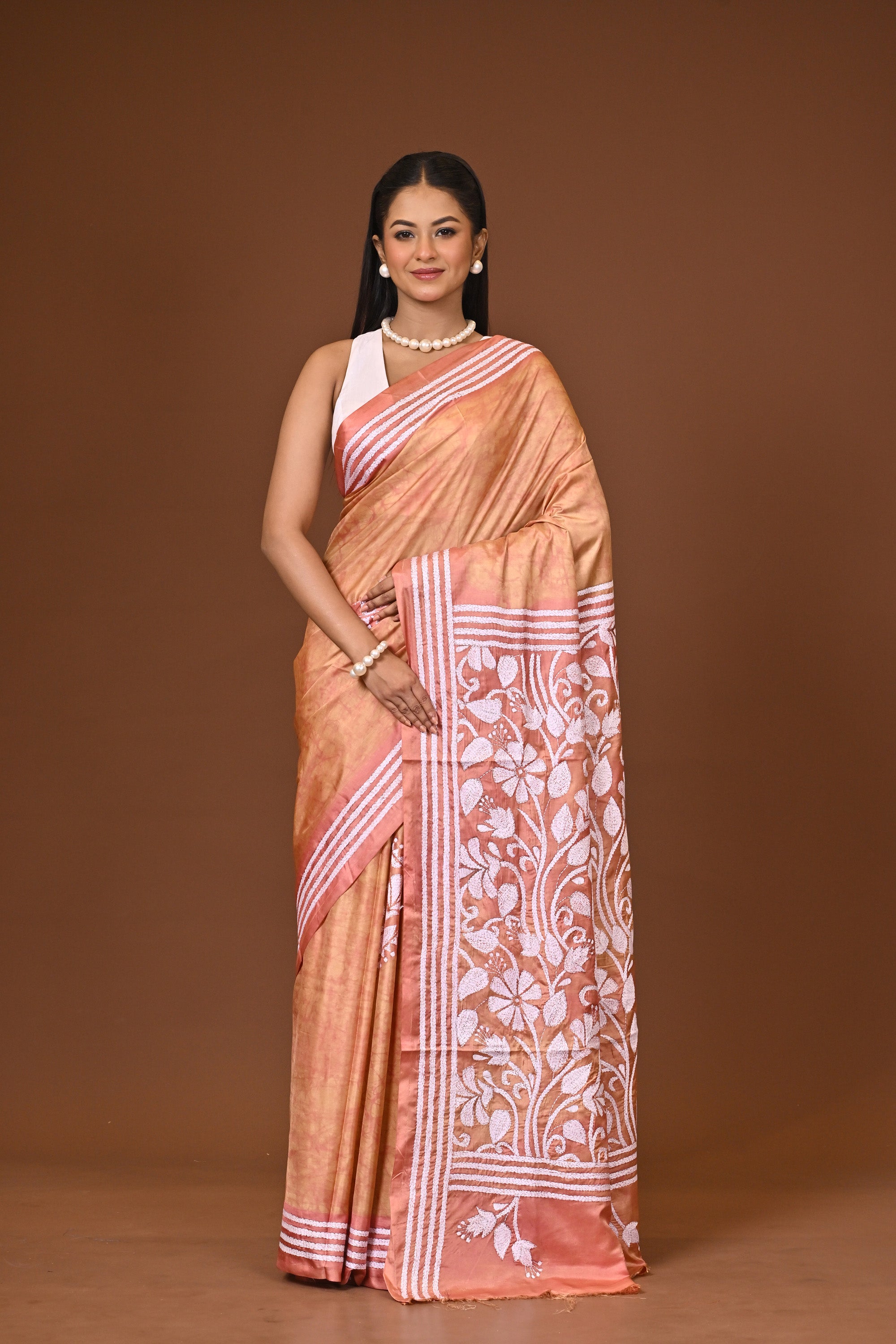 Blended Silk Kantha Stitch Saree Light Peach