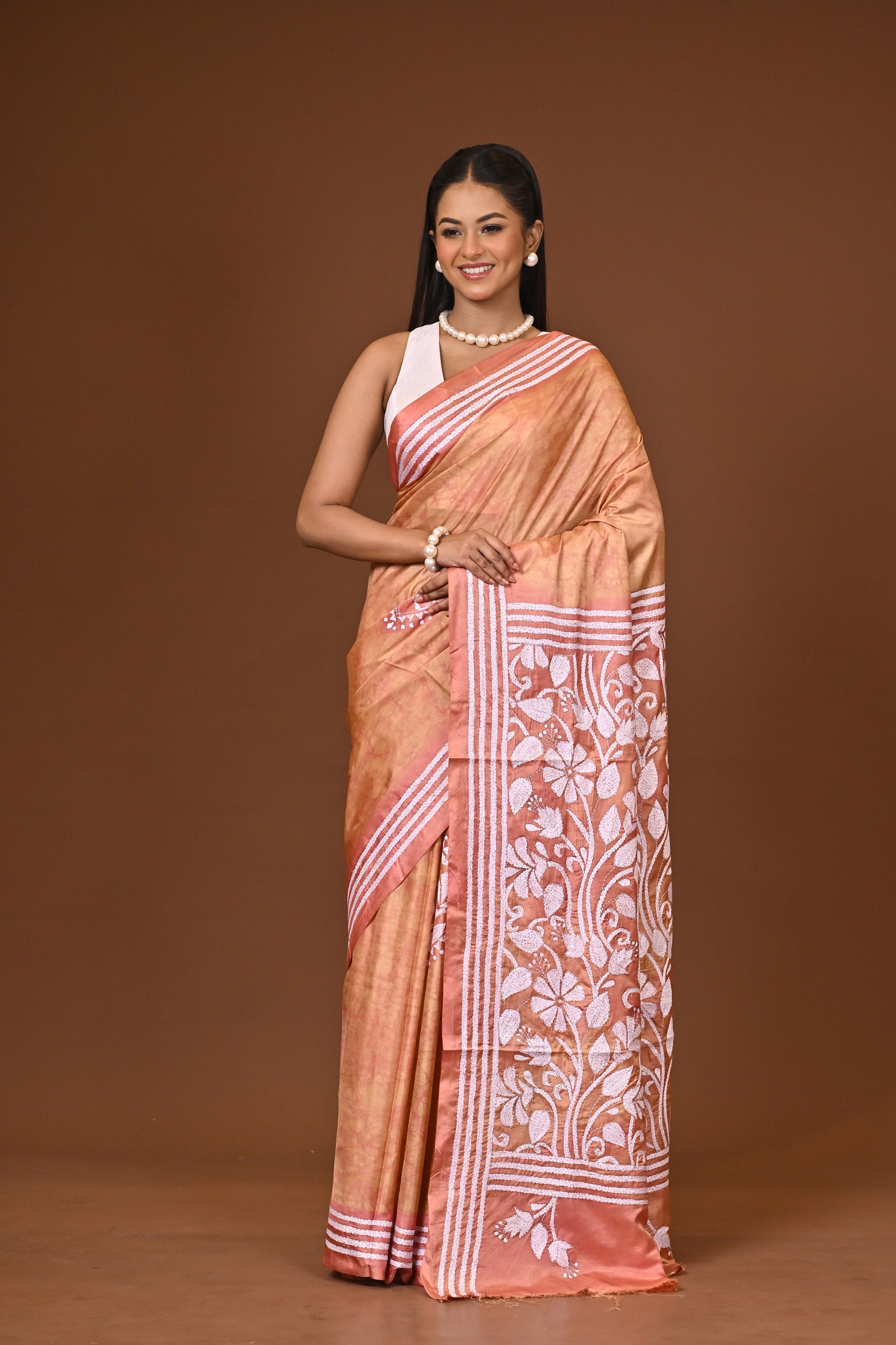 Blended Silk Kantha Stitch Saree Light Peach Thumbnail