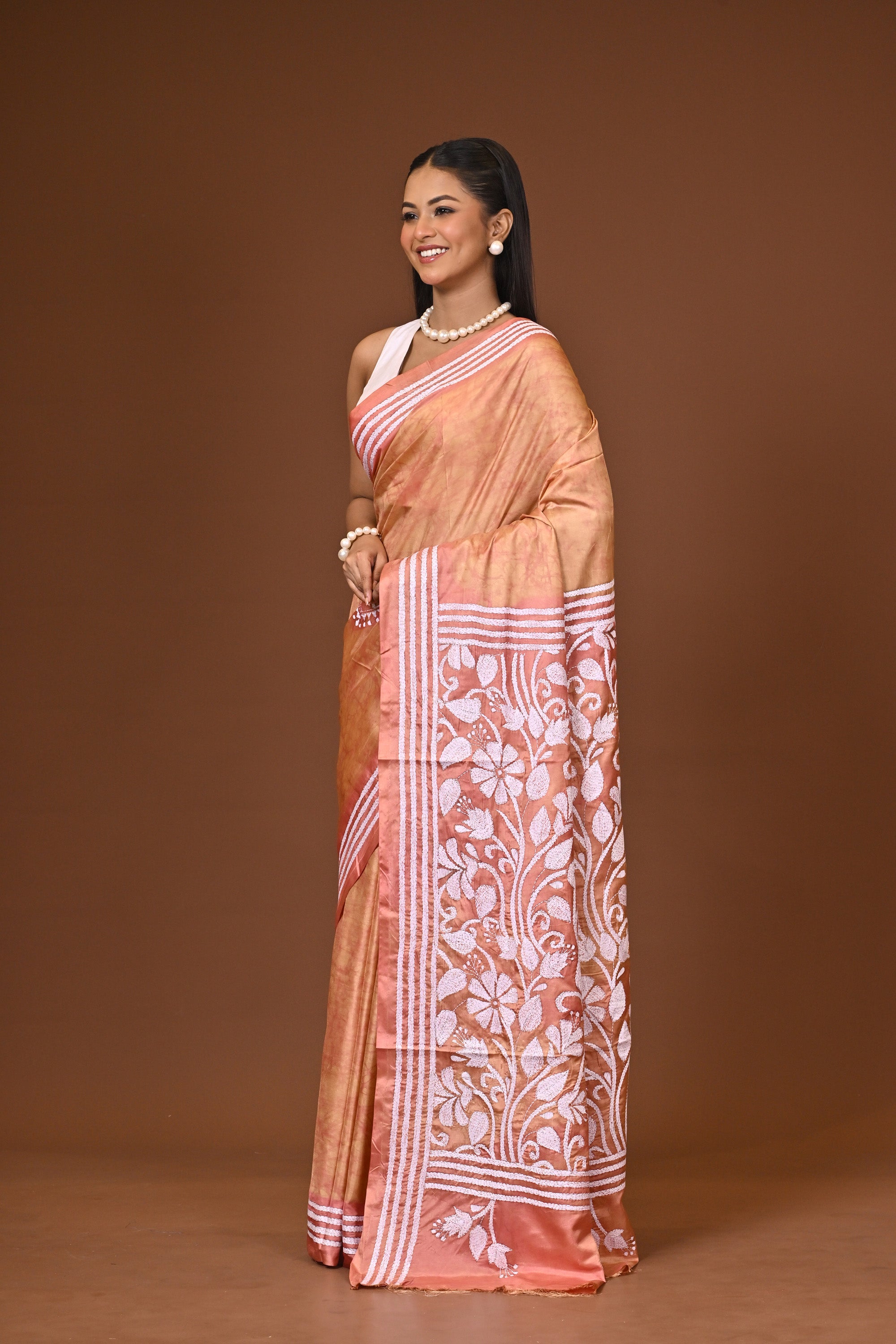 Blended Silk Kantha Stitch Saree Light Peach Thumbnail
