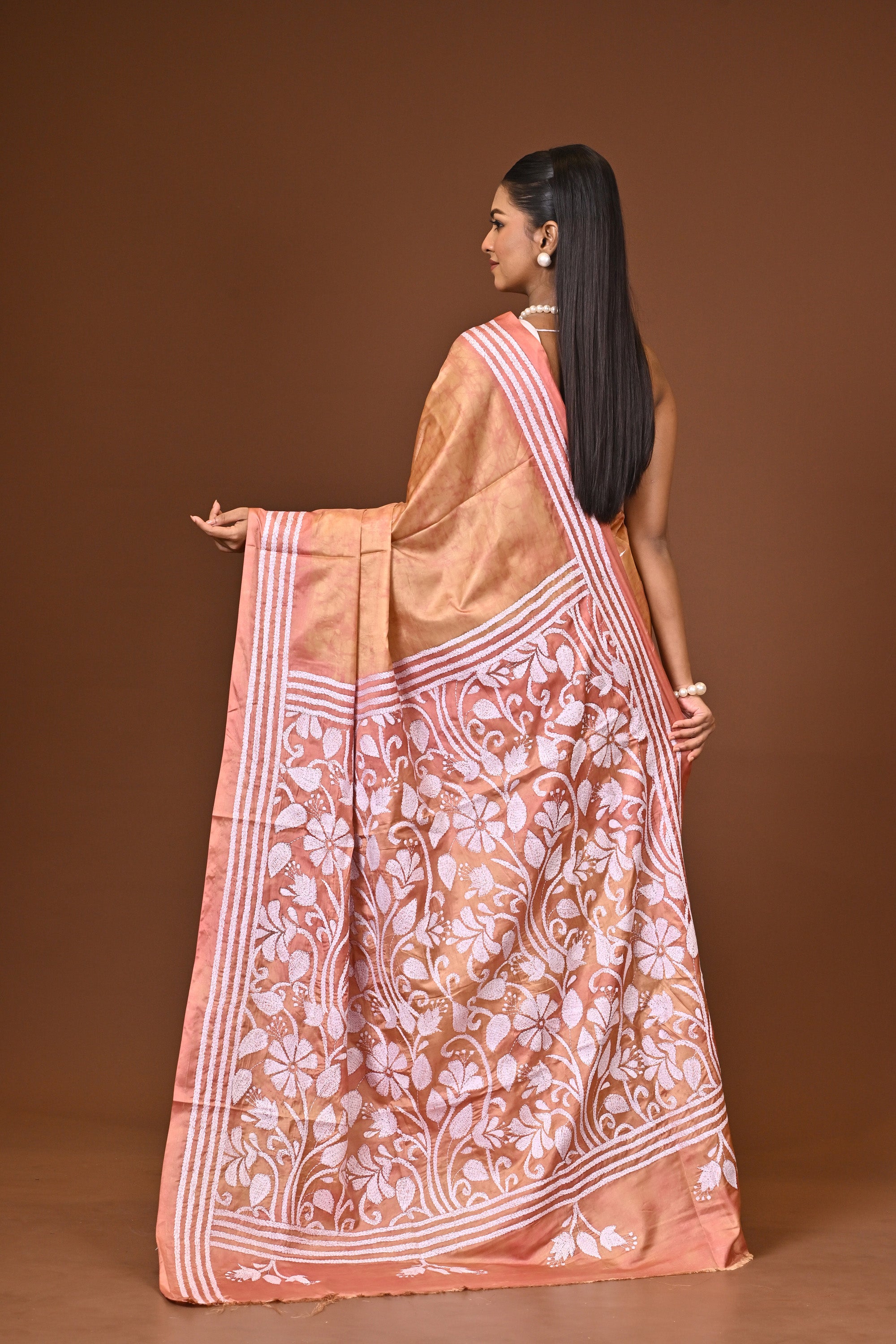 Blended Silk Kantha Stitch Saree Light Peach Thumbnail