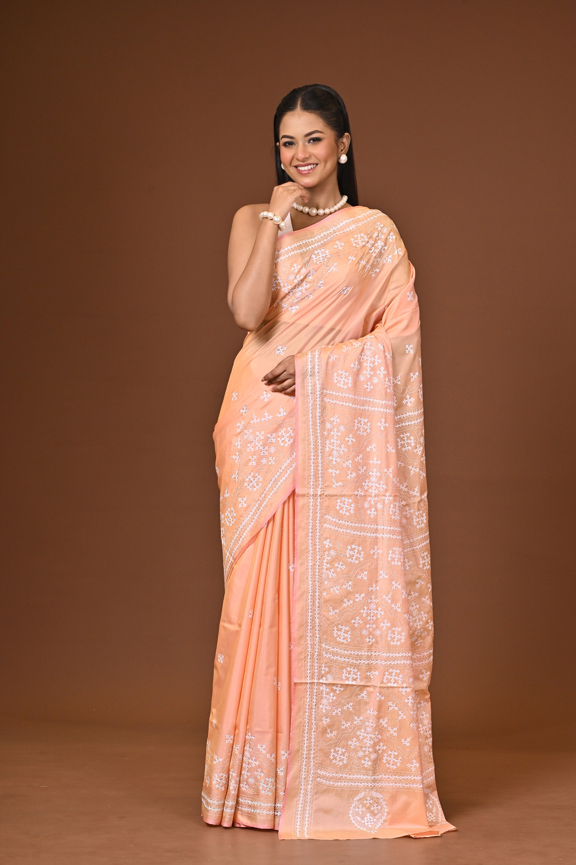Blended Silk Kantha Stitch Saree Light Peach Thumbnail
