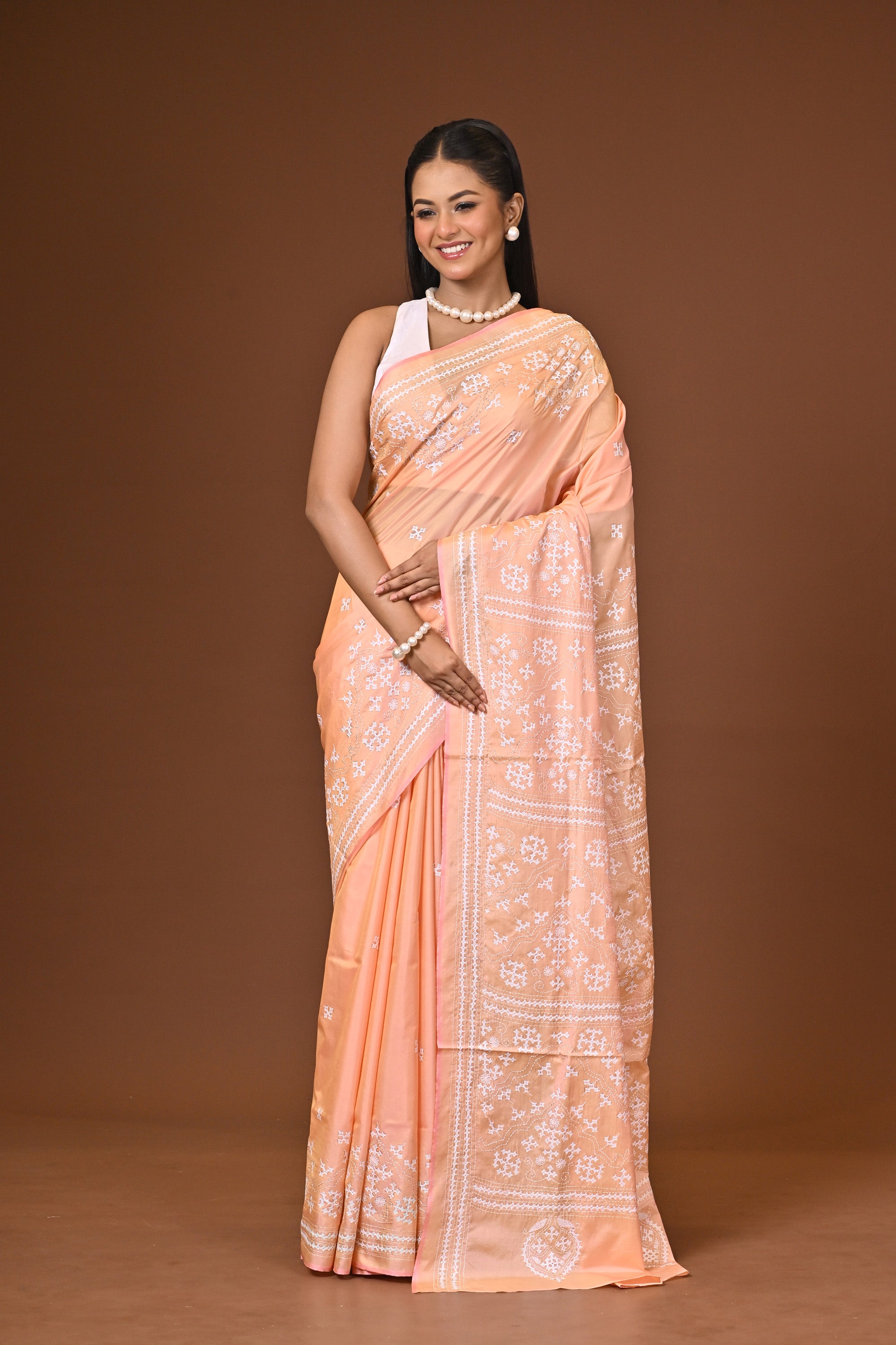 Blended Silk Kantha Stitch Saree Light Peach Thumbnail