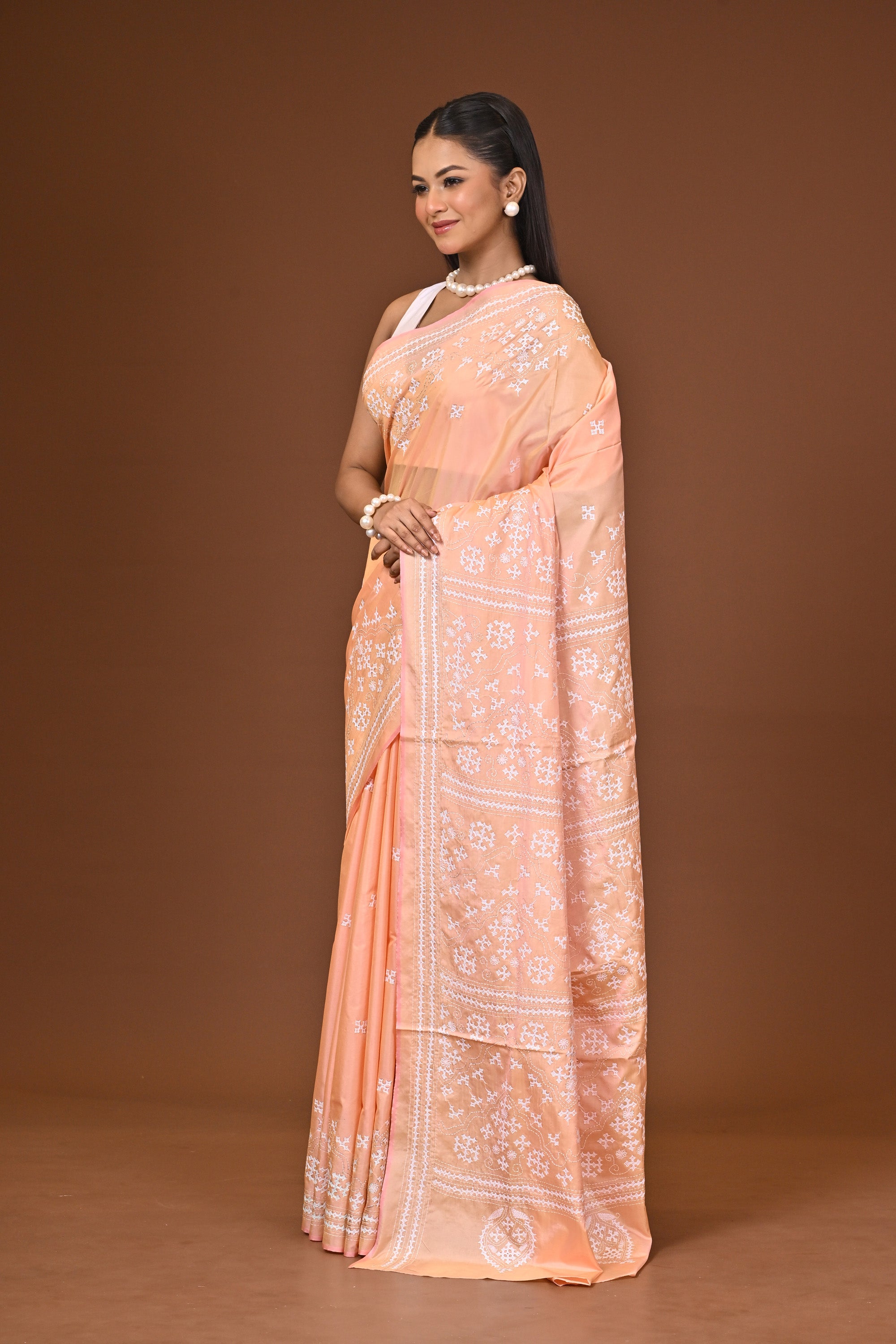 Blended Silk Kantha Stitch Saree Light Peach Thumbnail