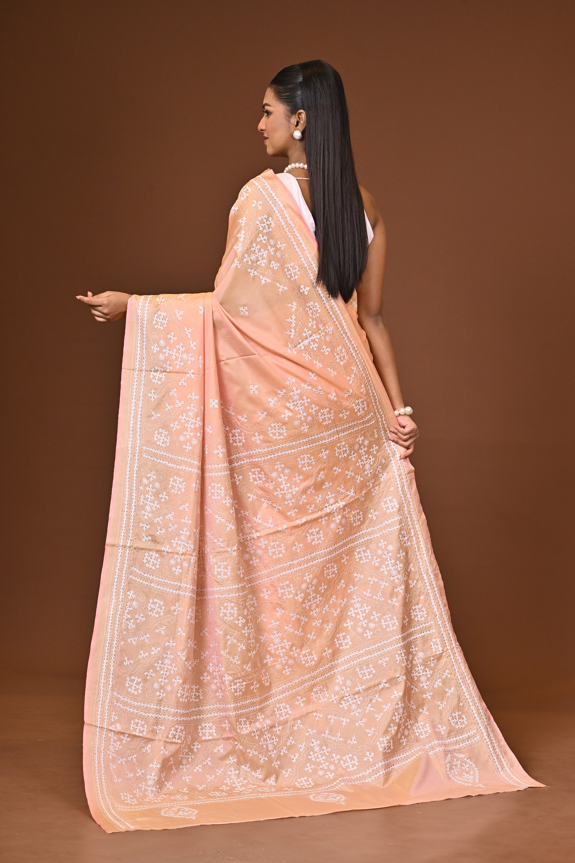 Blended Silk Kantha Stitch Saree Light Peach Thumbnail