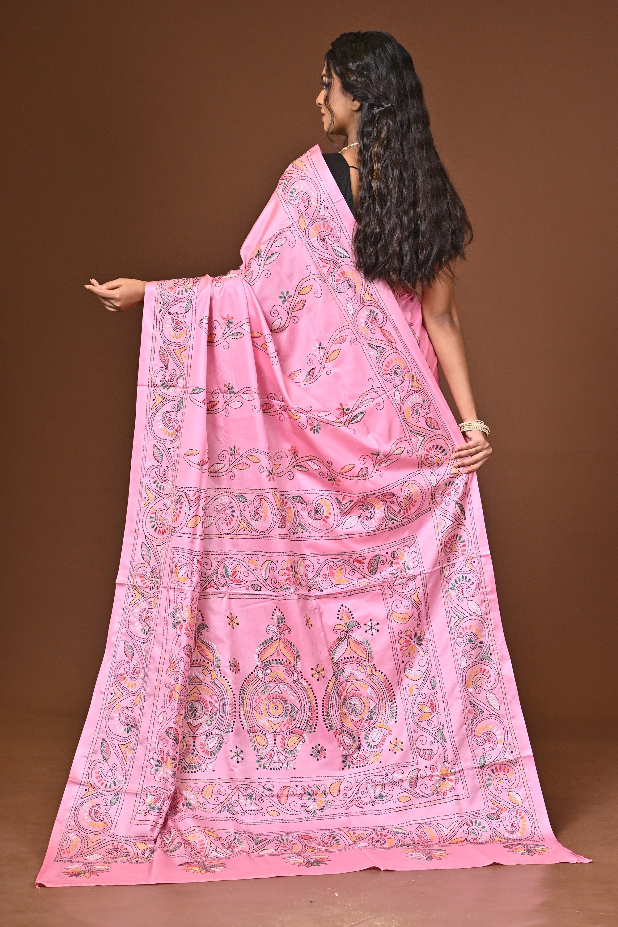 Blended Silk Kantha Stitch Saree Light Pink Thumbnail