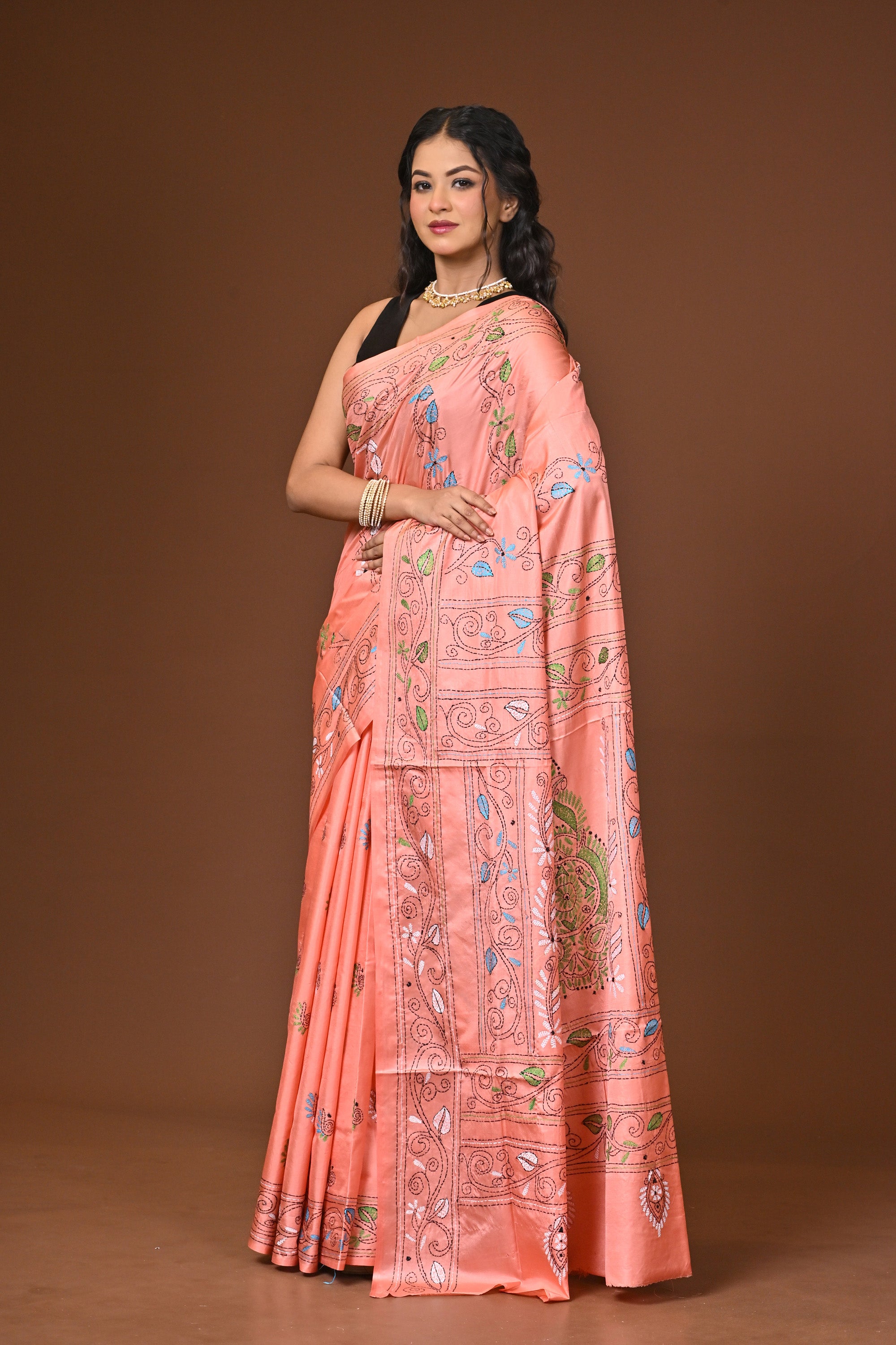 Blended Silk Kantha Stitch Saree Light Pink Thumbnail