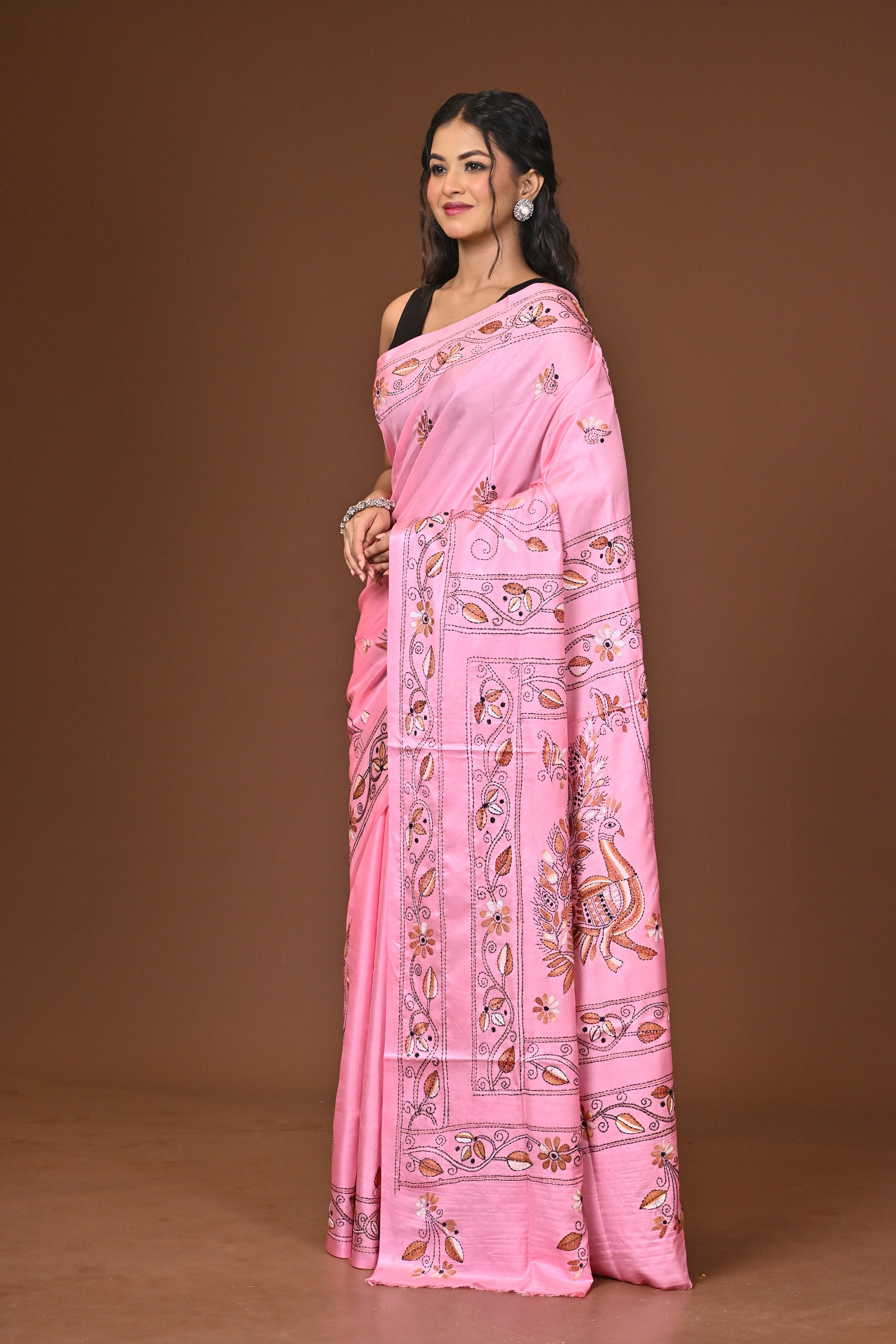 Blended Silk Kantha Stitch Saree Light Pink Thumbnail
