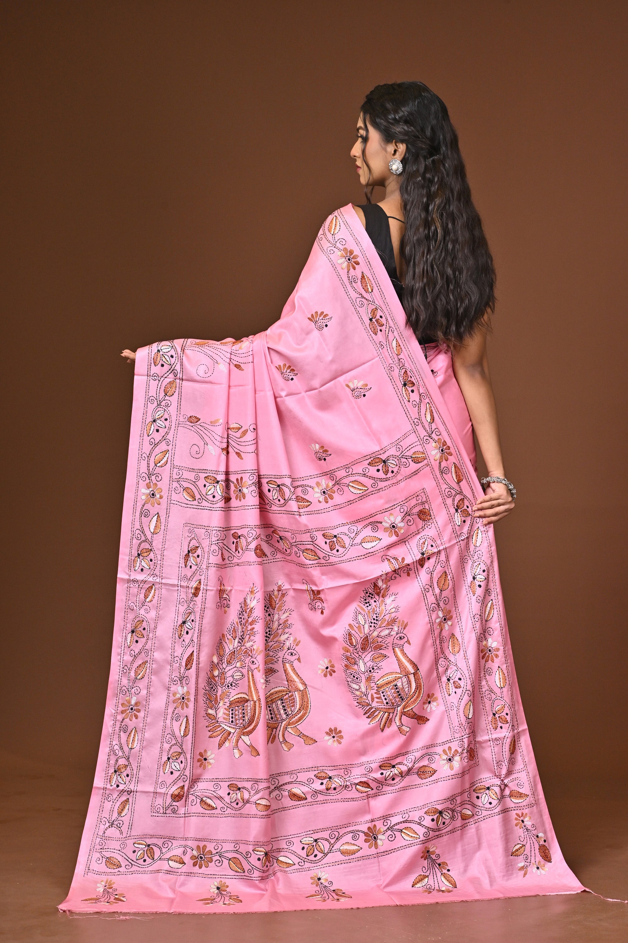 Blended Silk Kantha Stitch Saree Light Pink Thumbnail