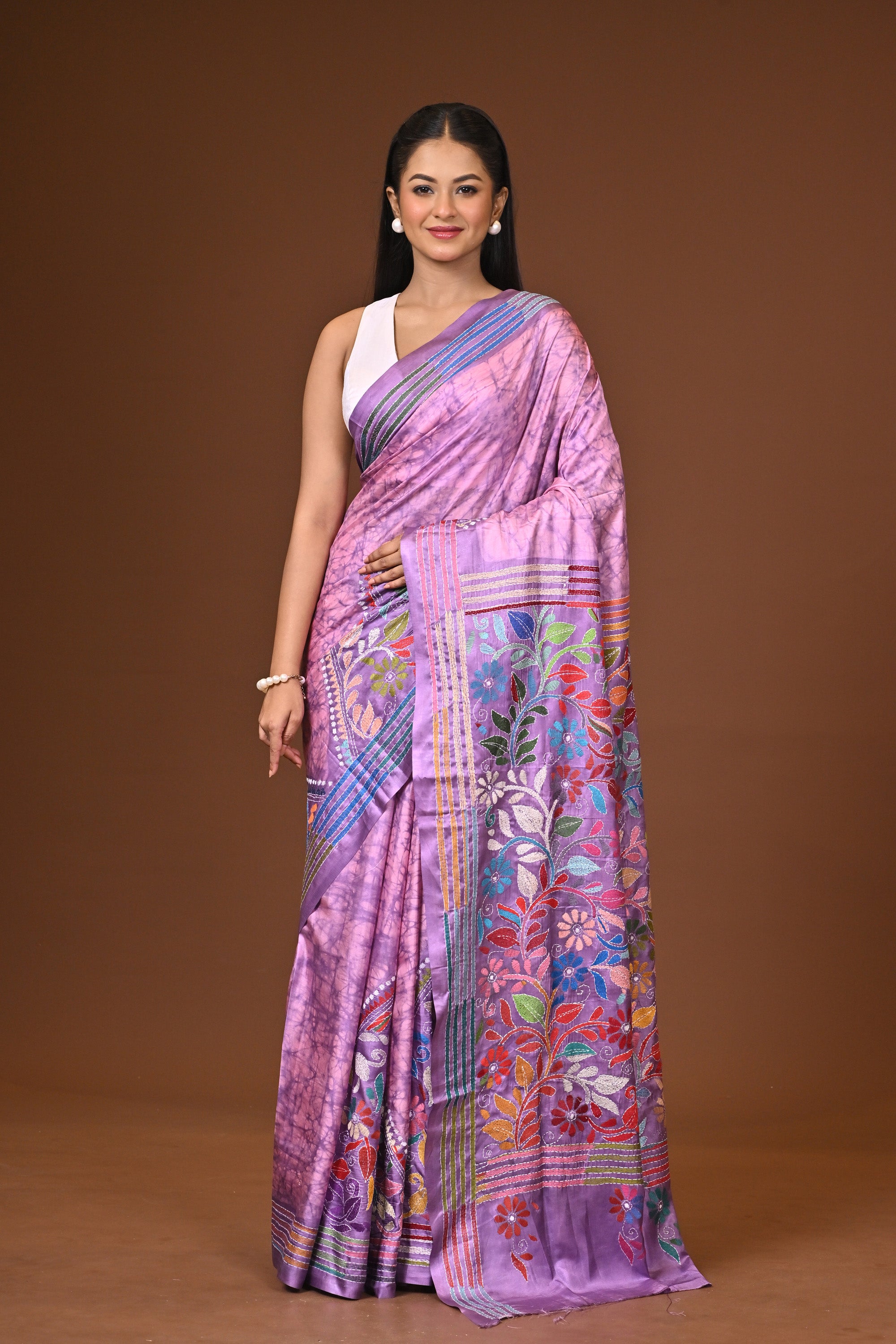 Blended Silk Kantha Stitch Saree Light Purple