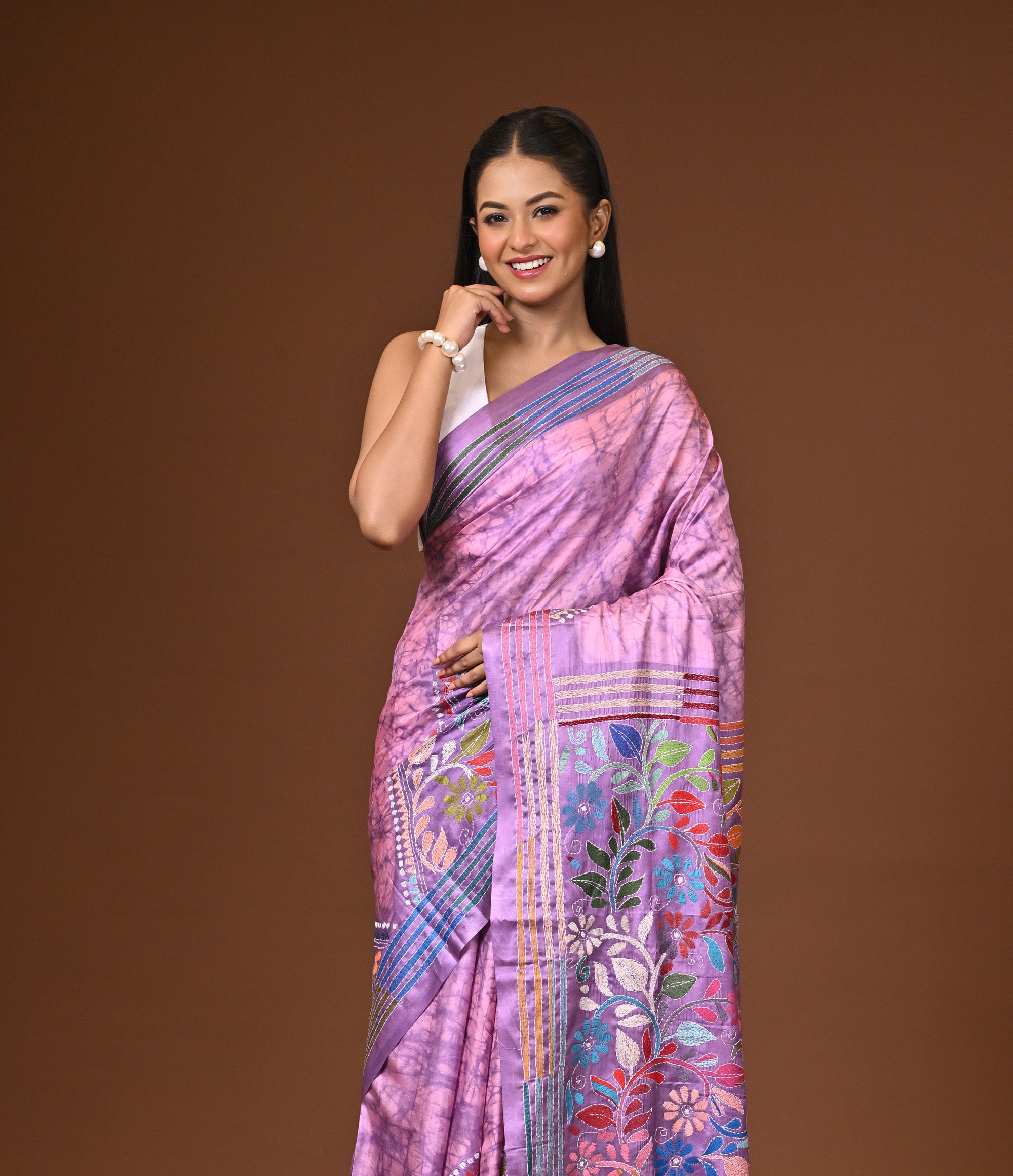 Blended Silk Kantha Stitch Saree Light Purple Thumbnail