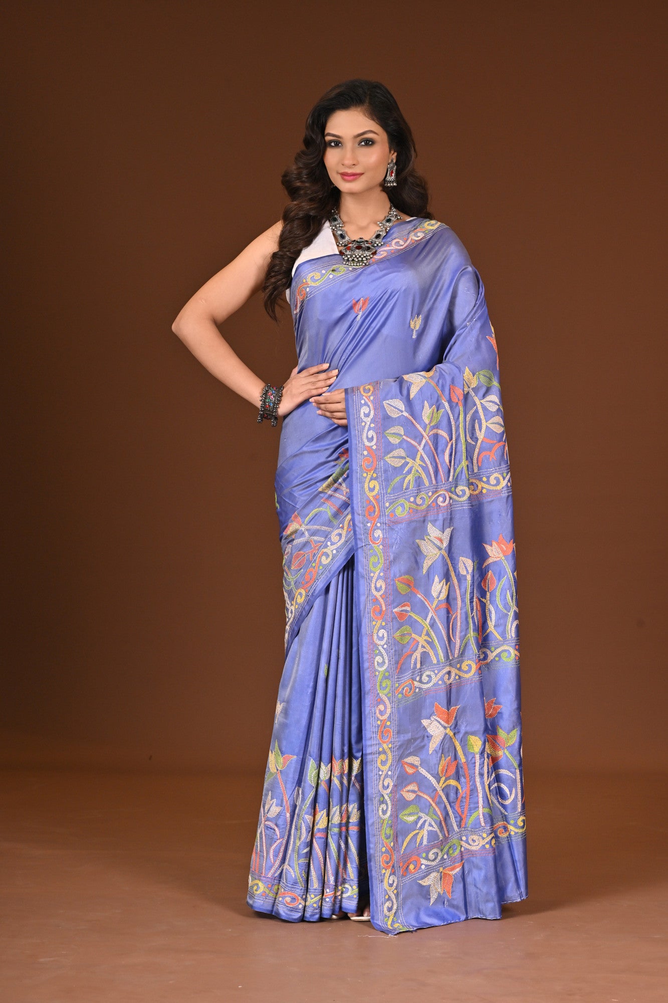 Blended Silk Kantha Stitch Saree Light Violet Thumbnail