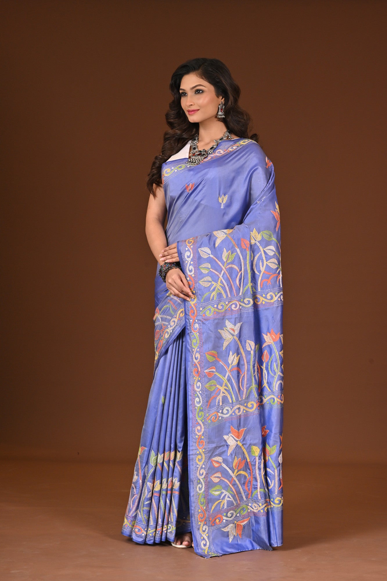 Blended Silk Kantha Stitch Saree Light Violet Thumbnail
