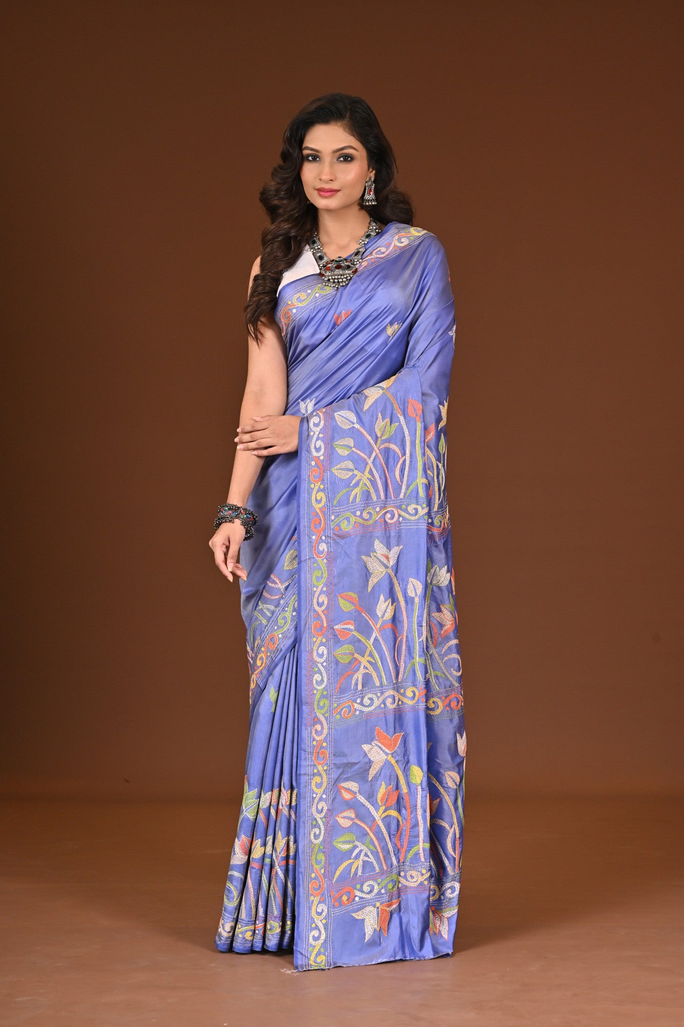 Blended Silk Kantha Stitch Saree Light Violet Thumbnail