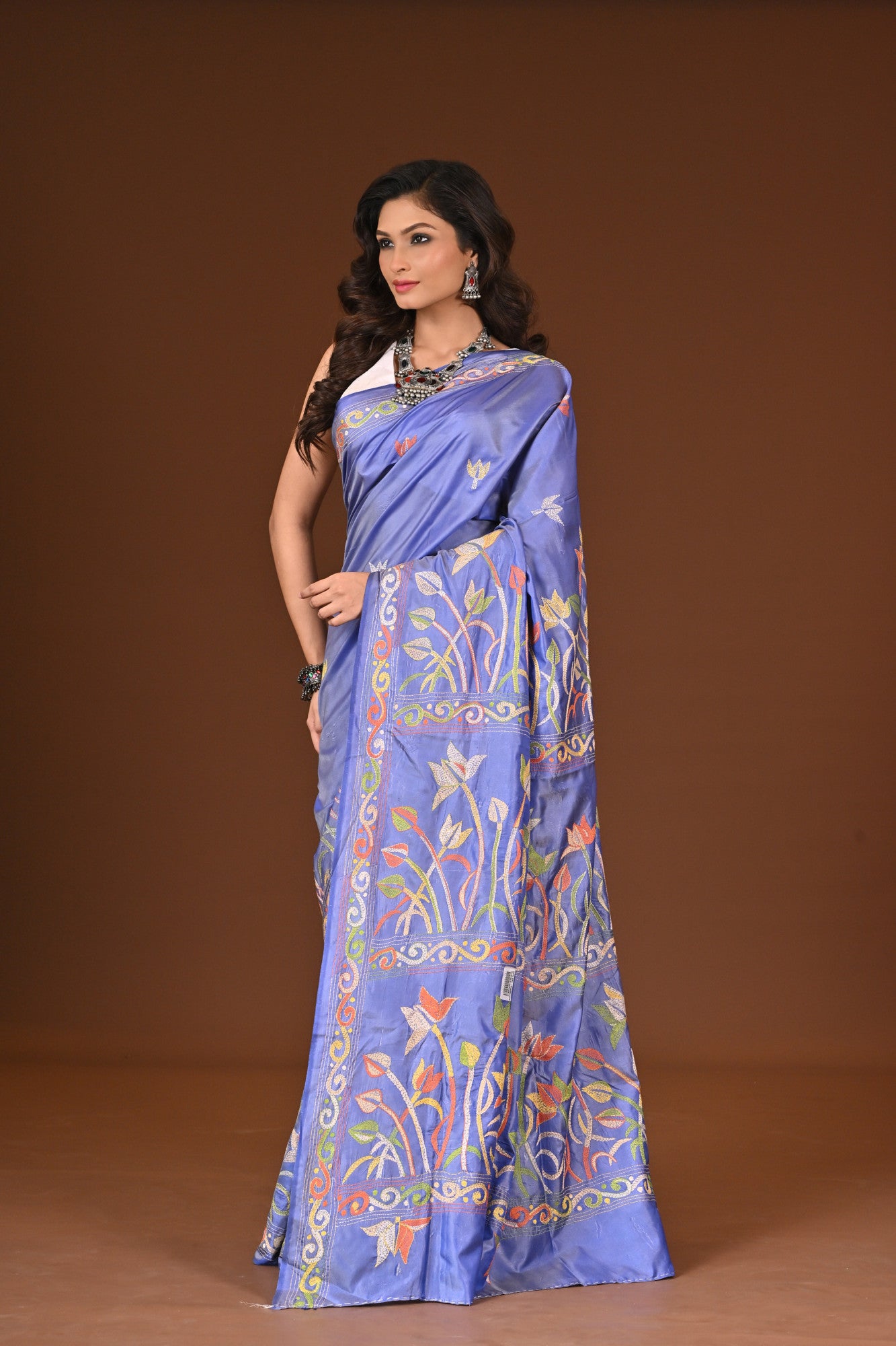Blended Silk Kantha Stitch Saree Light Violet Thumbnail