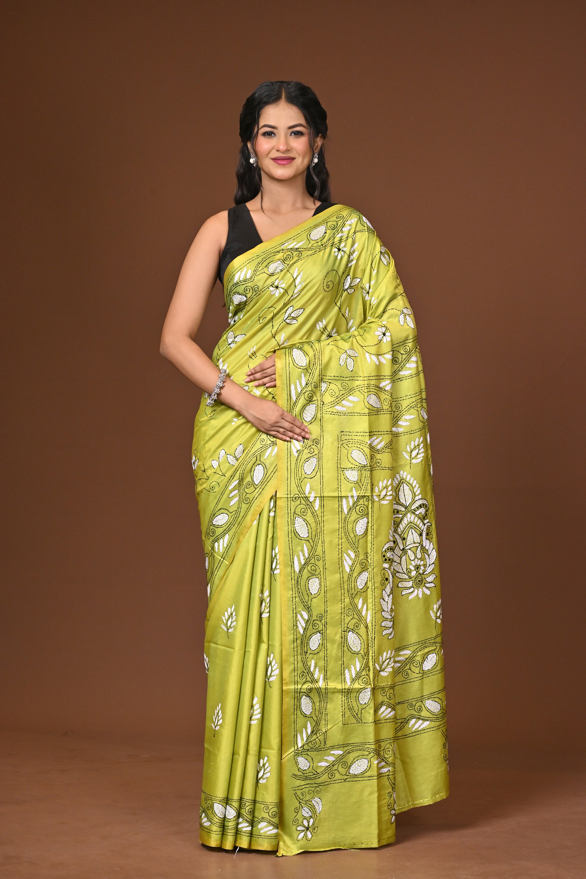 Blended Silk Kantha Stitch Saree Lime Green