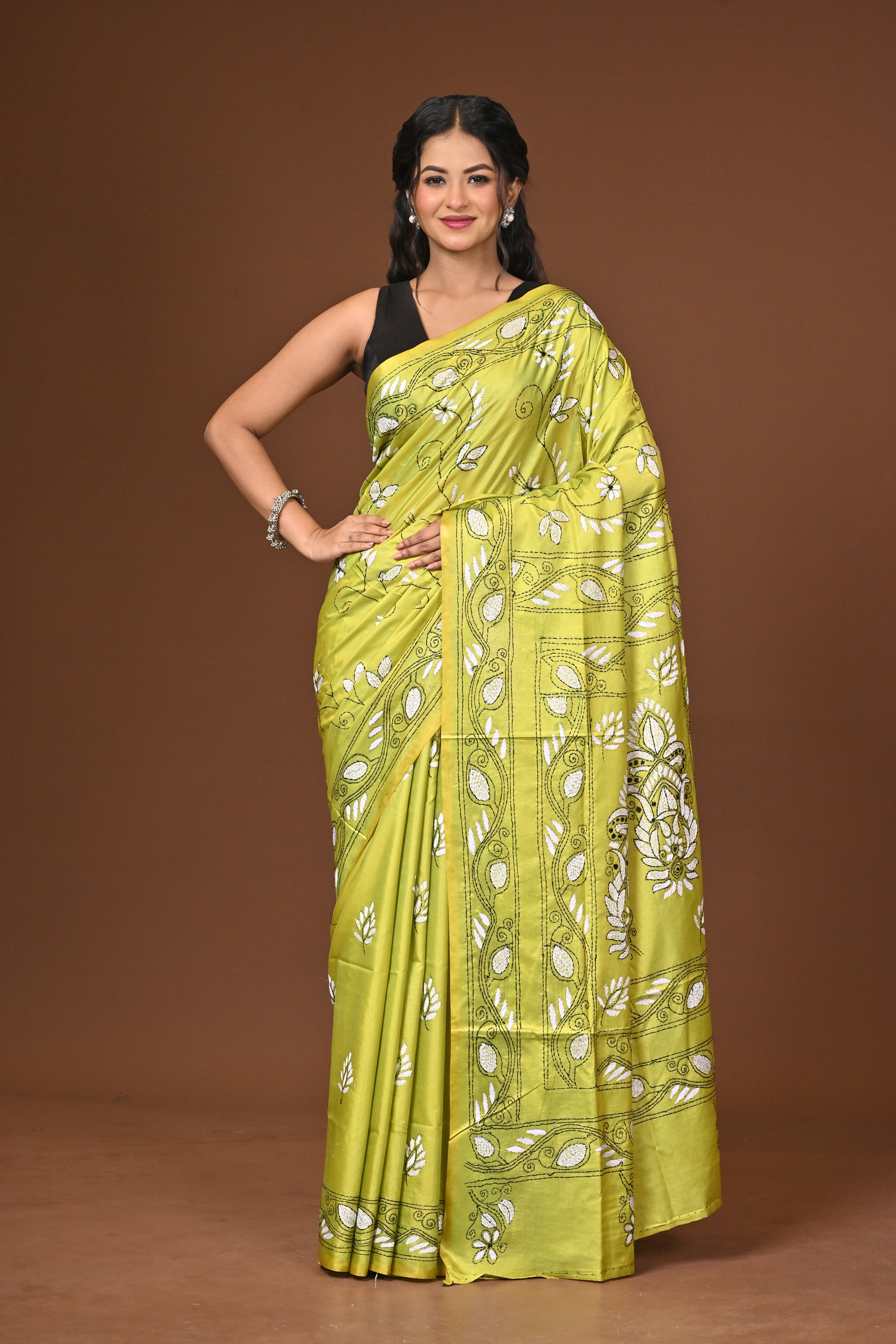 Blended Silk Kantha Stitch Saree Lime Green Thumbnail