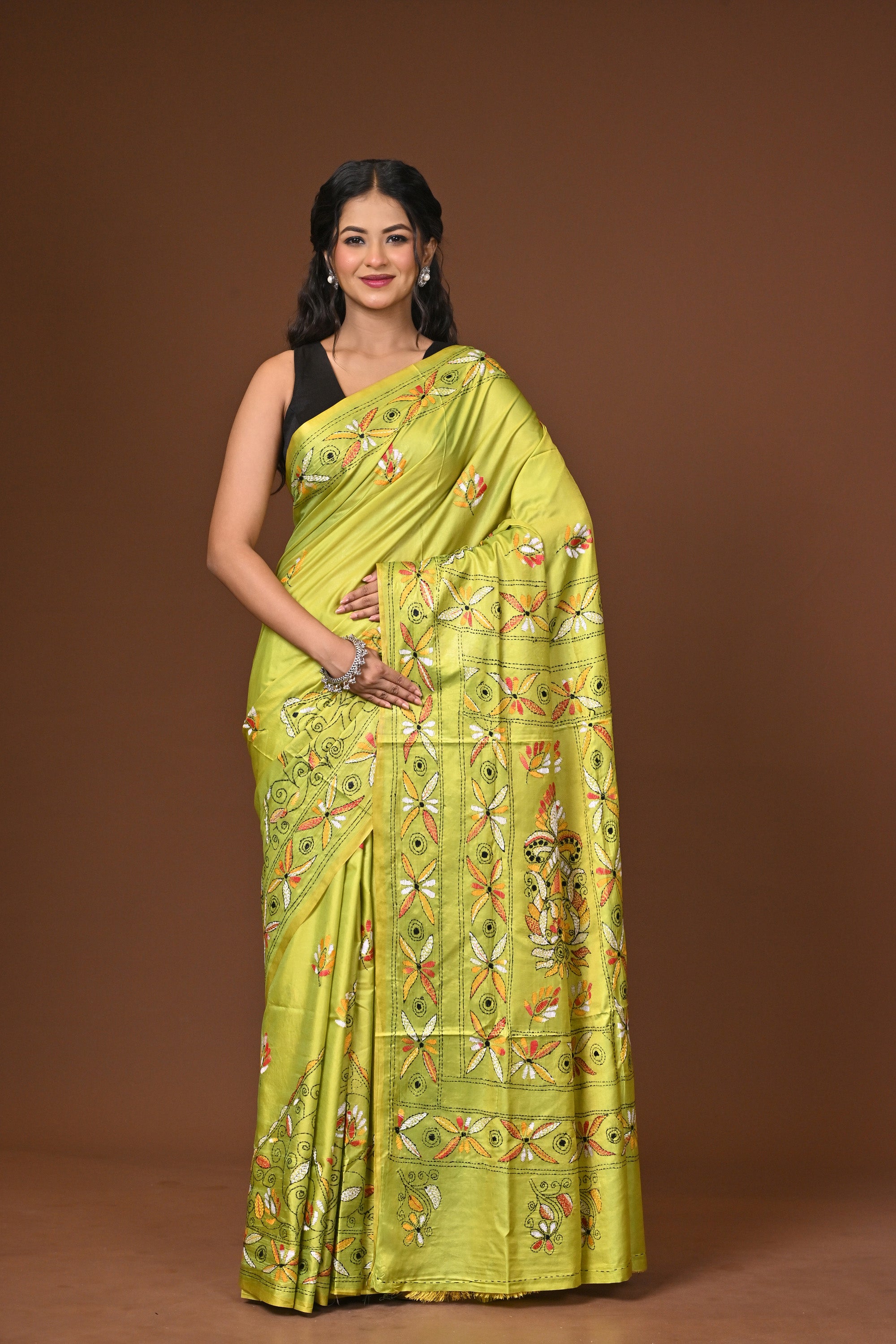 Blended Silk Kantha Stitch Saree Lime Yellow