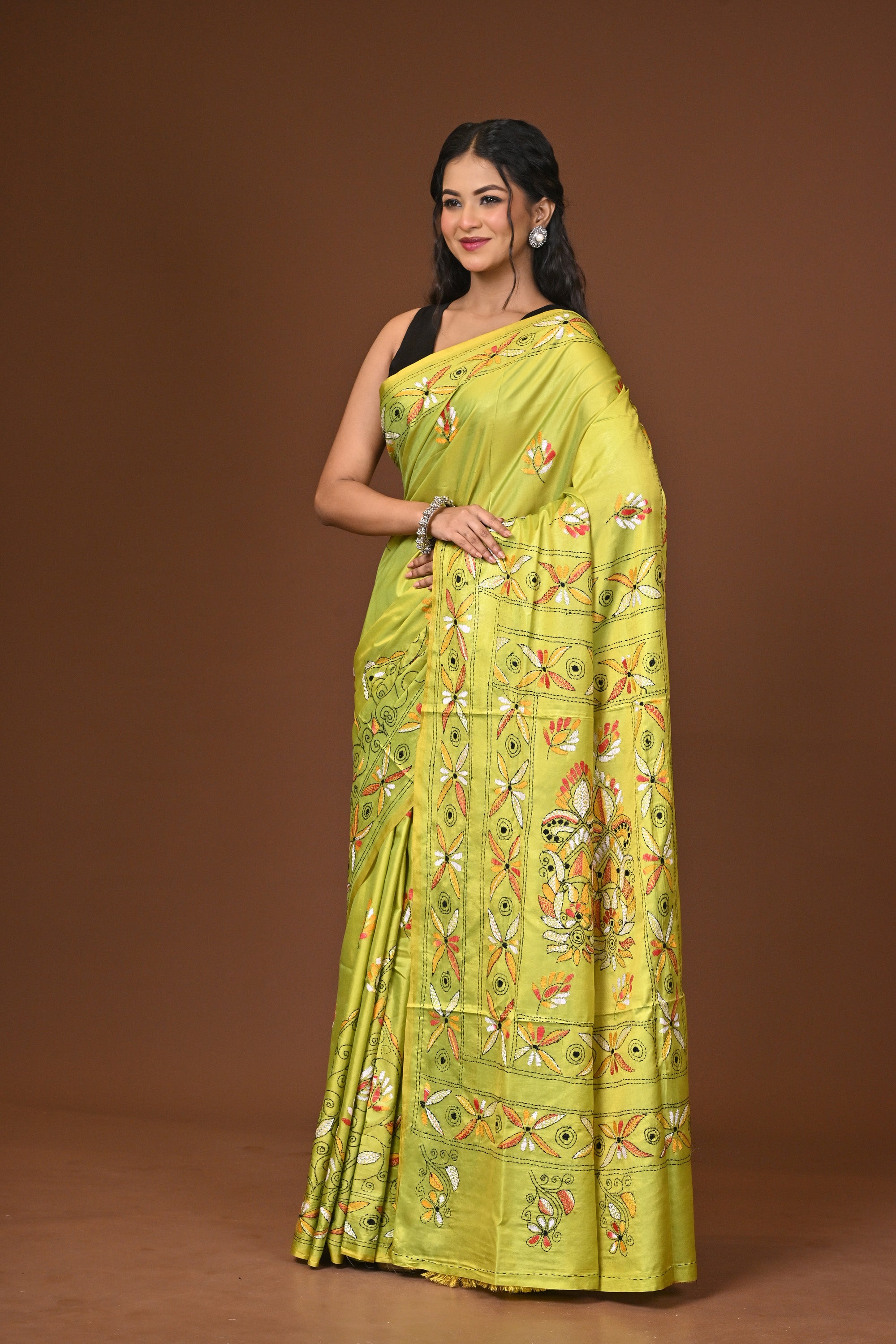 Blended Silk Kantha Stitch Saree Lime Yellow Thumbnail