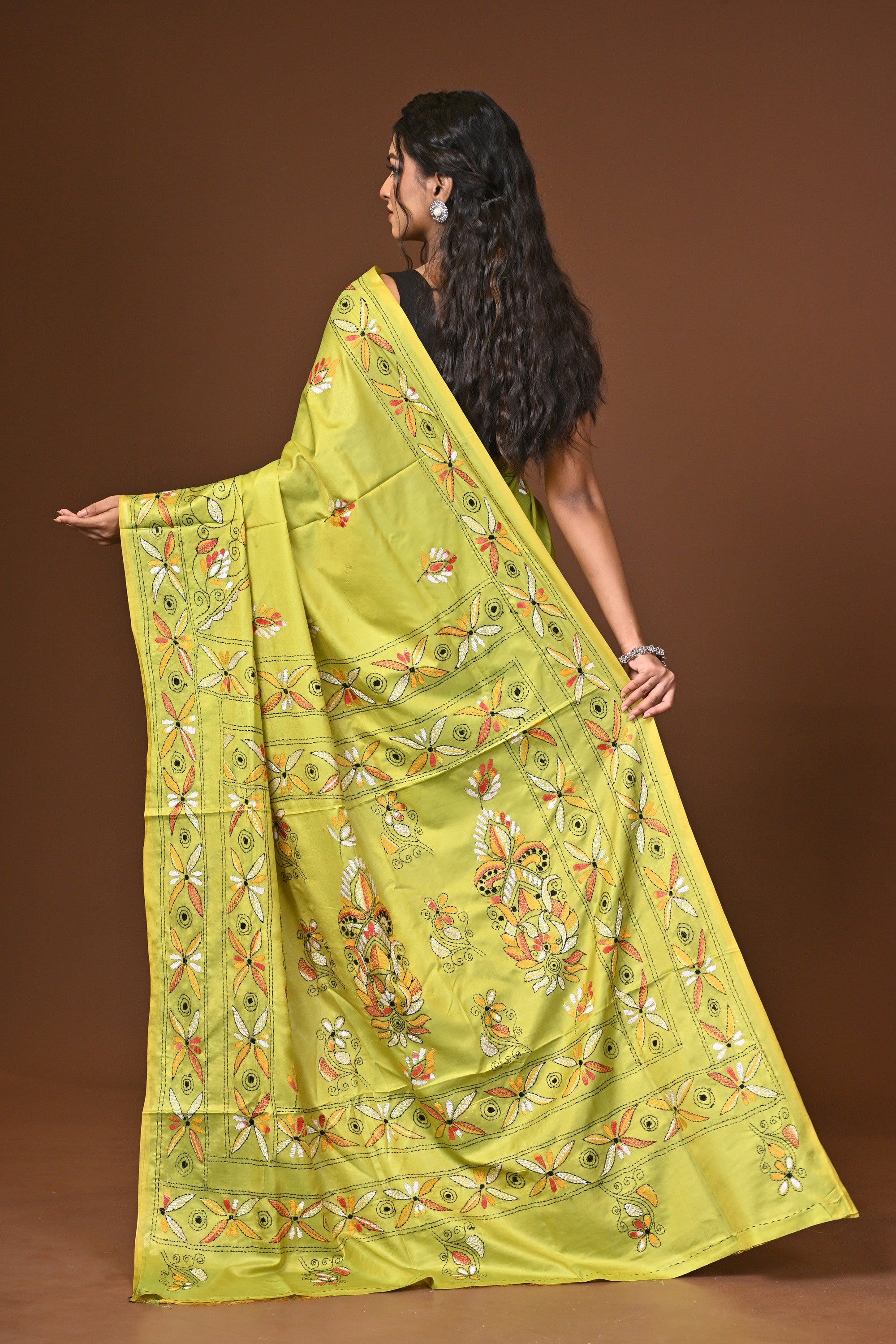 Blended Silk Kantha Stitch Saree Lime Yellow Thumbnail
