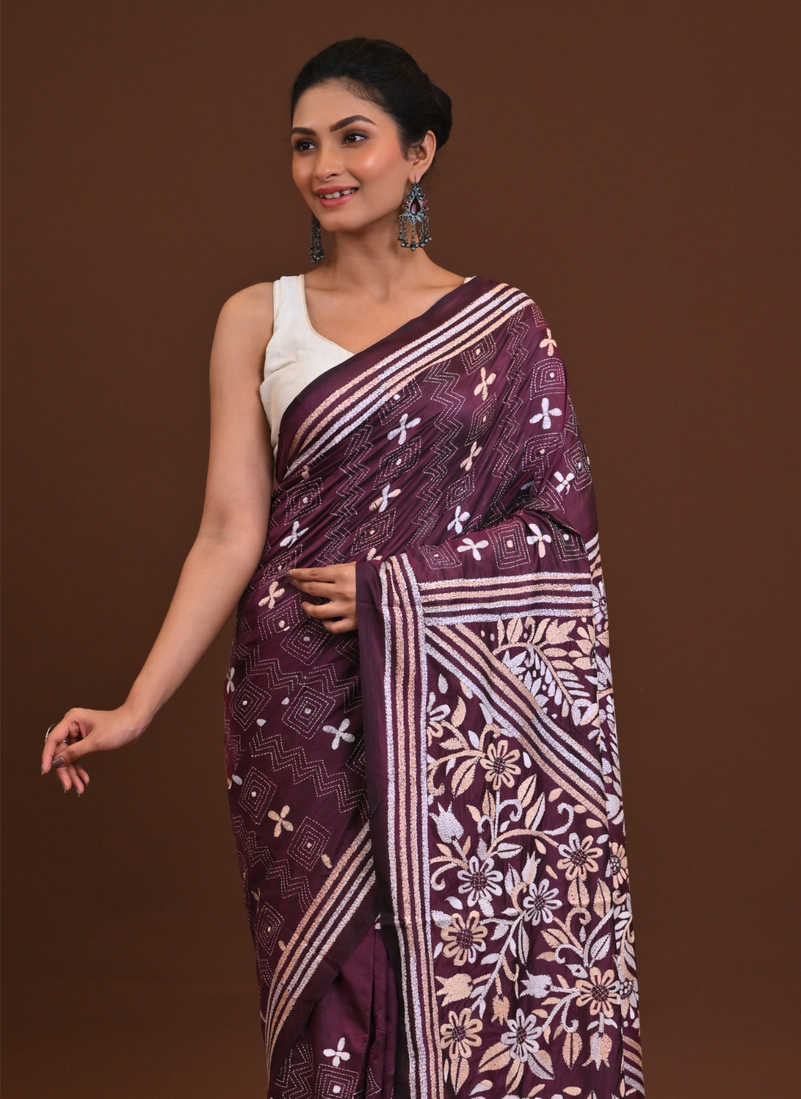 Blended Silk Kantha Stitch Saree Maroon