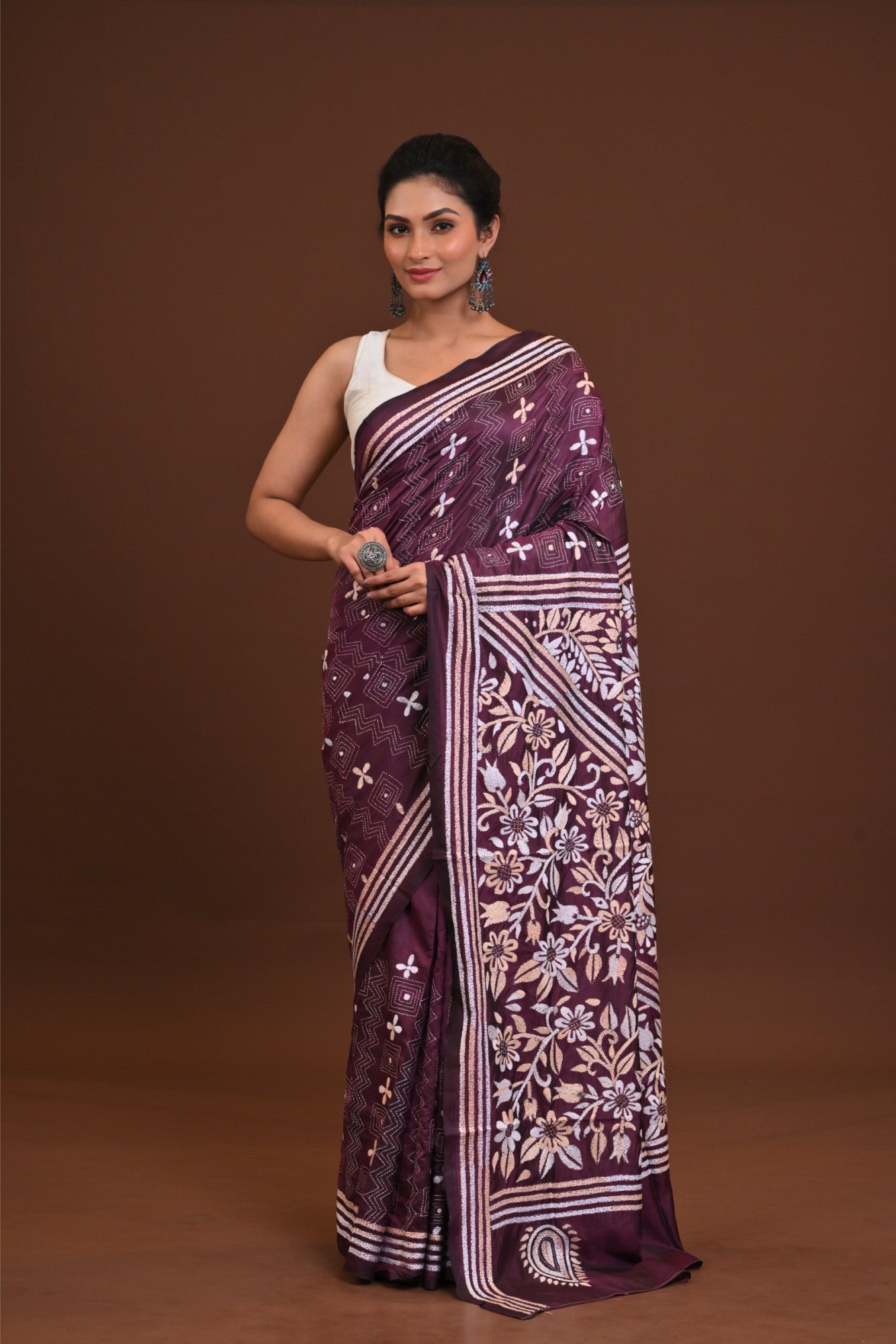 Blended Silk Kantha Stitch Saree Maroon Thumbnail