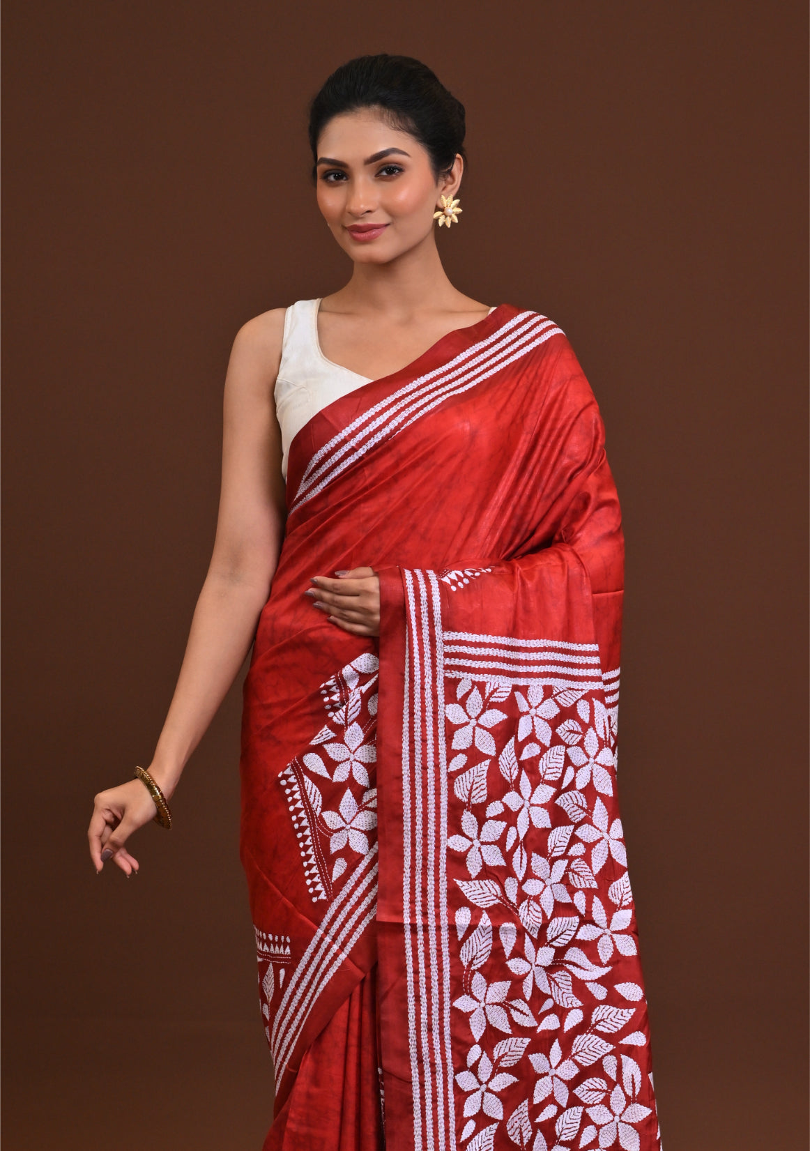 Blended Silk Kantha Stitch Saree Maroon Thumbnail